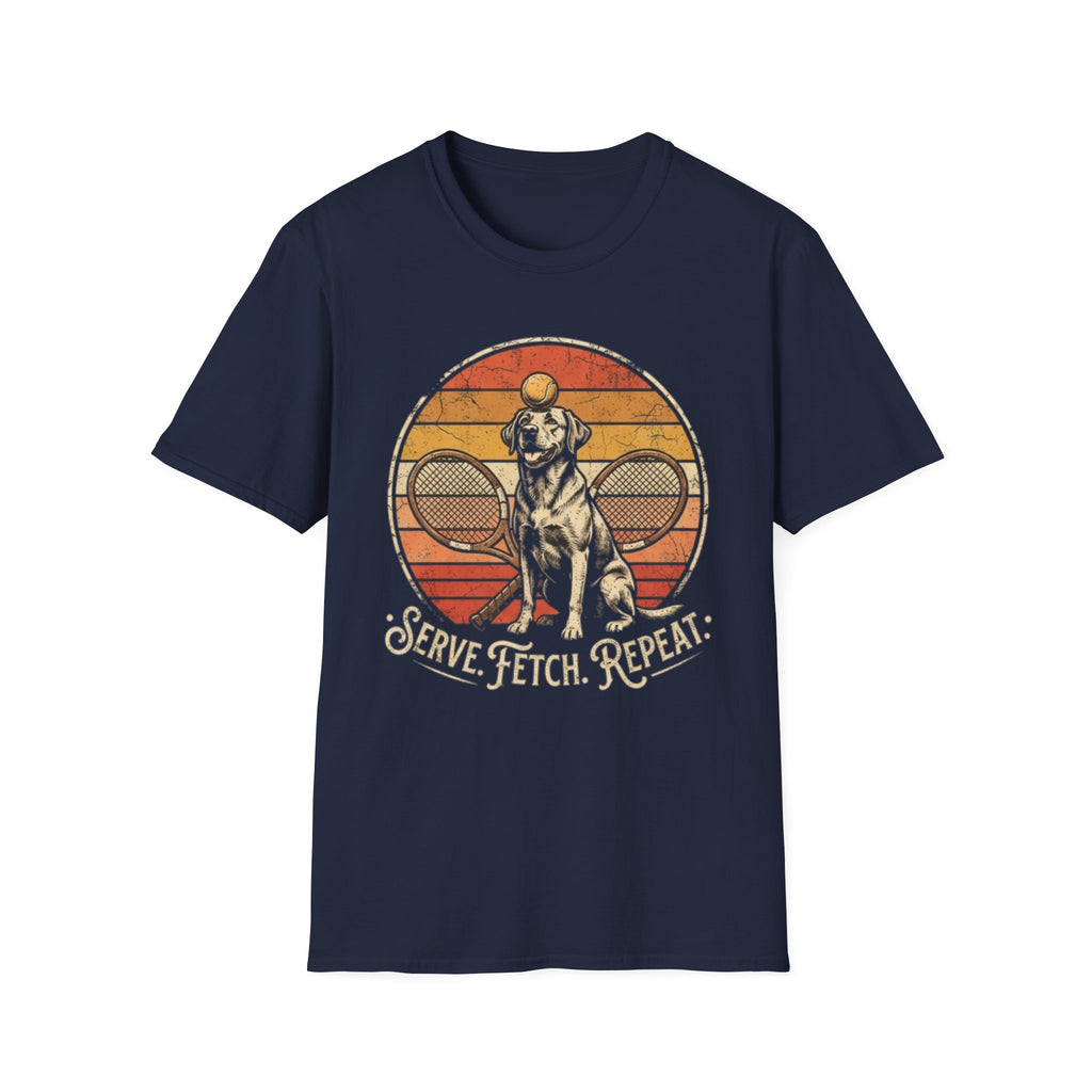 Dog Tennis T-Shirt — “Serve. Fetch. Repeat.” Retro Labrador Tennis Tee