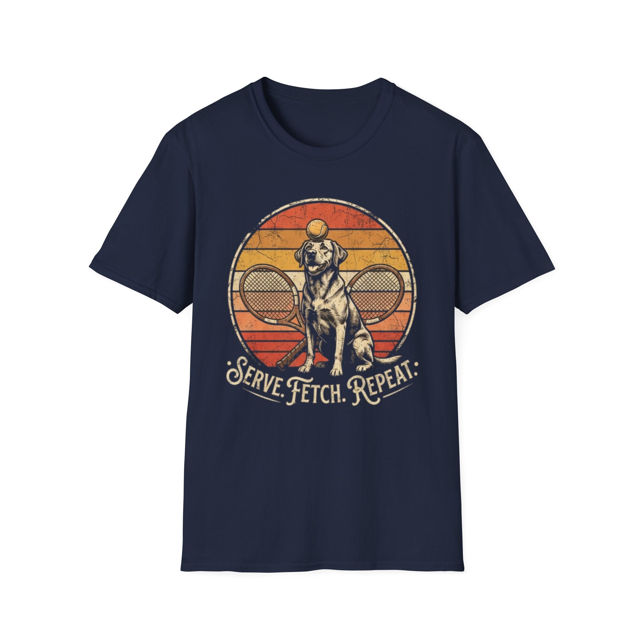 Dog Tennis T-Shirt — “Serve. Fetch. Repeat.” Retro Labrador Tennis Tee