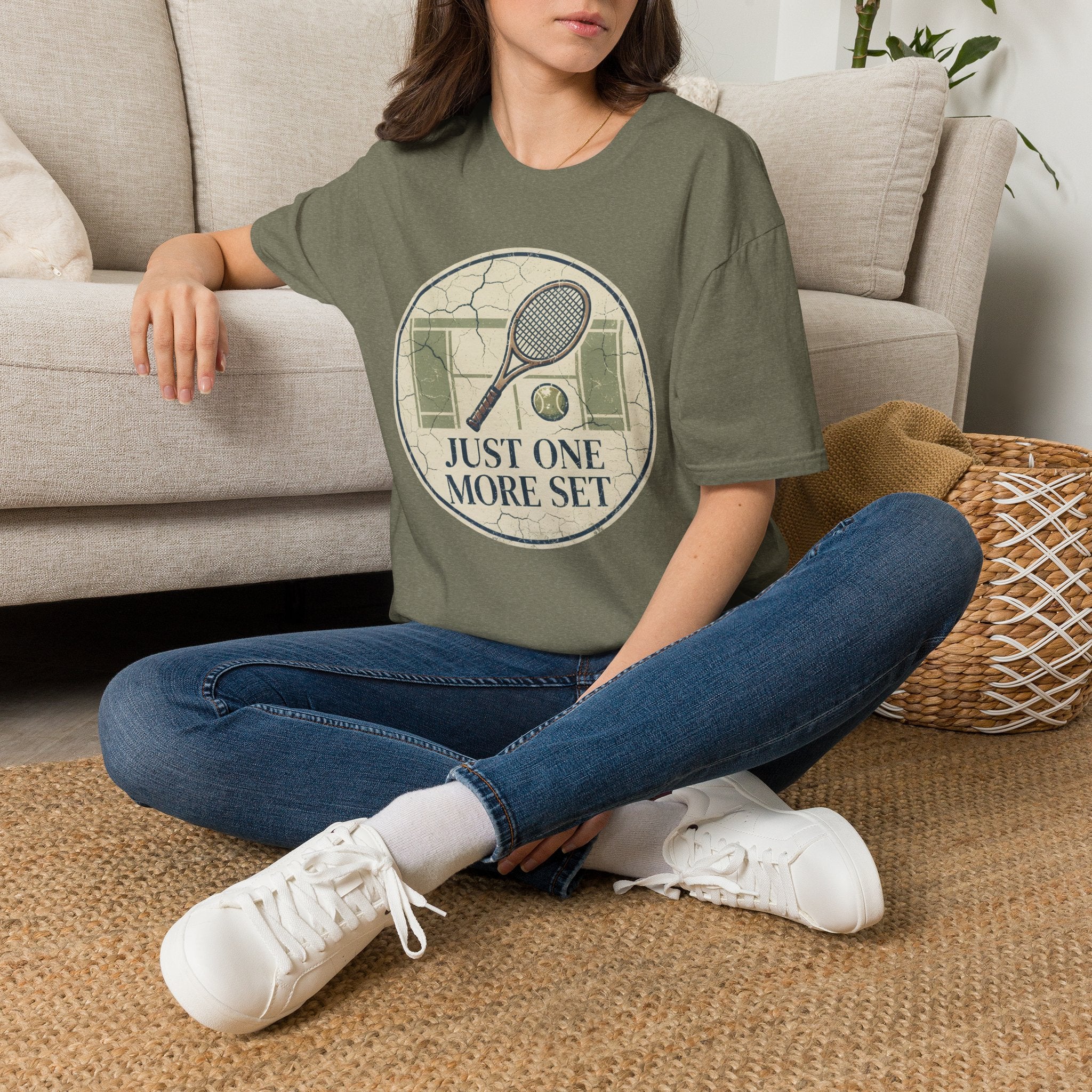Tennis T‑Shirt — 'Just One More Set' Vintage Court Graphic
