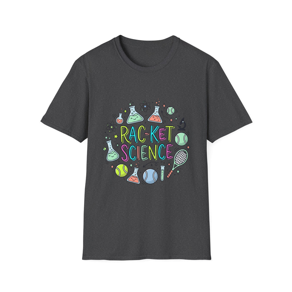 T-Shirt — Racket Science Graphic Tee (tennis + lab beakers)
