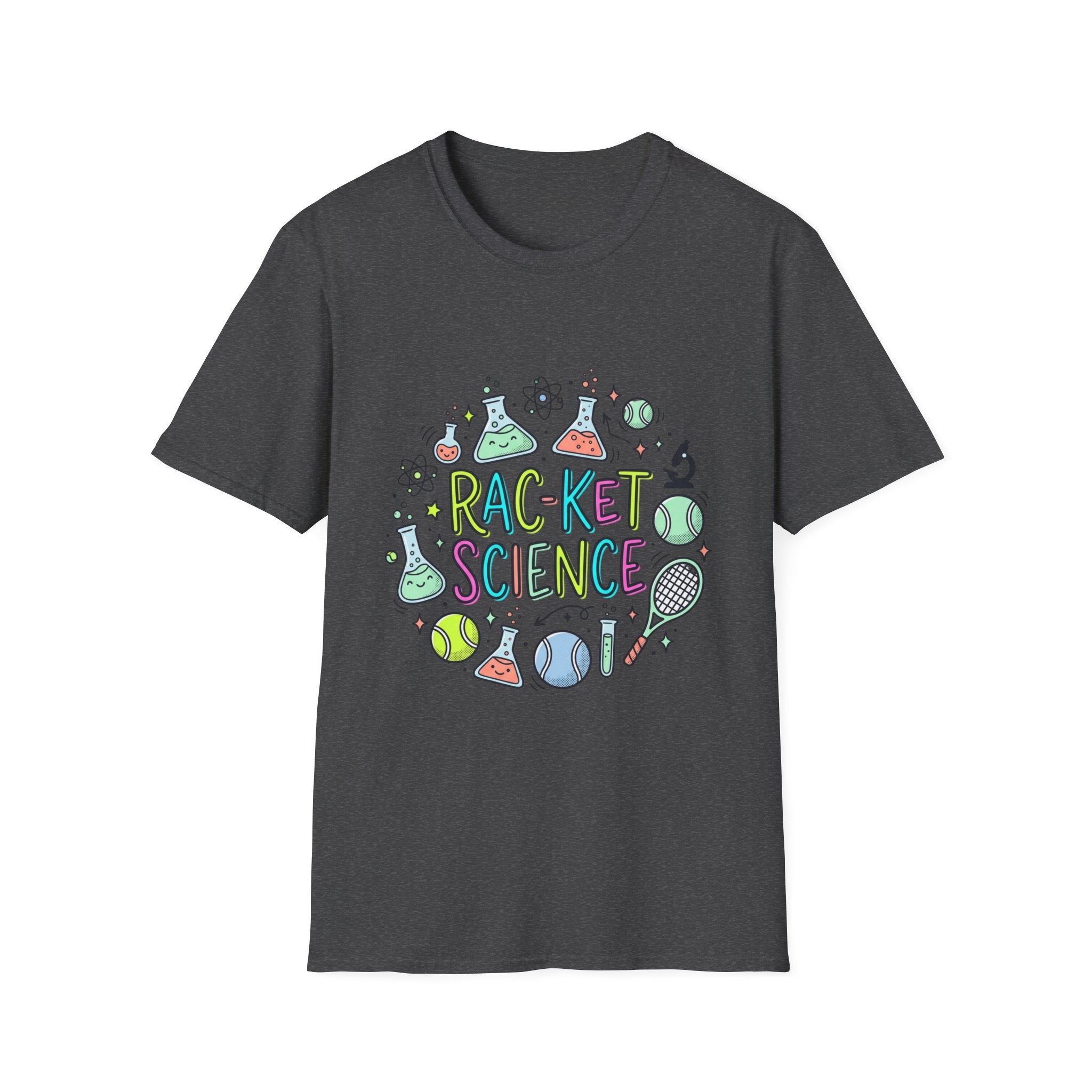 T-Shirt — Racket Science Graphic Tee (tennis + lab beakers)