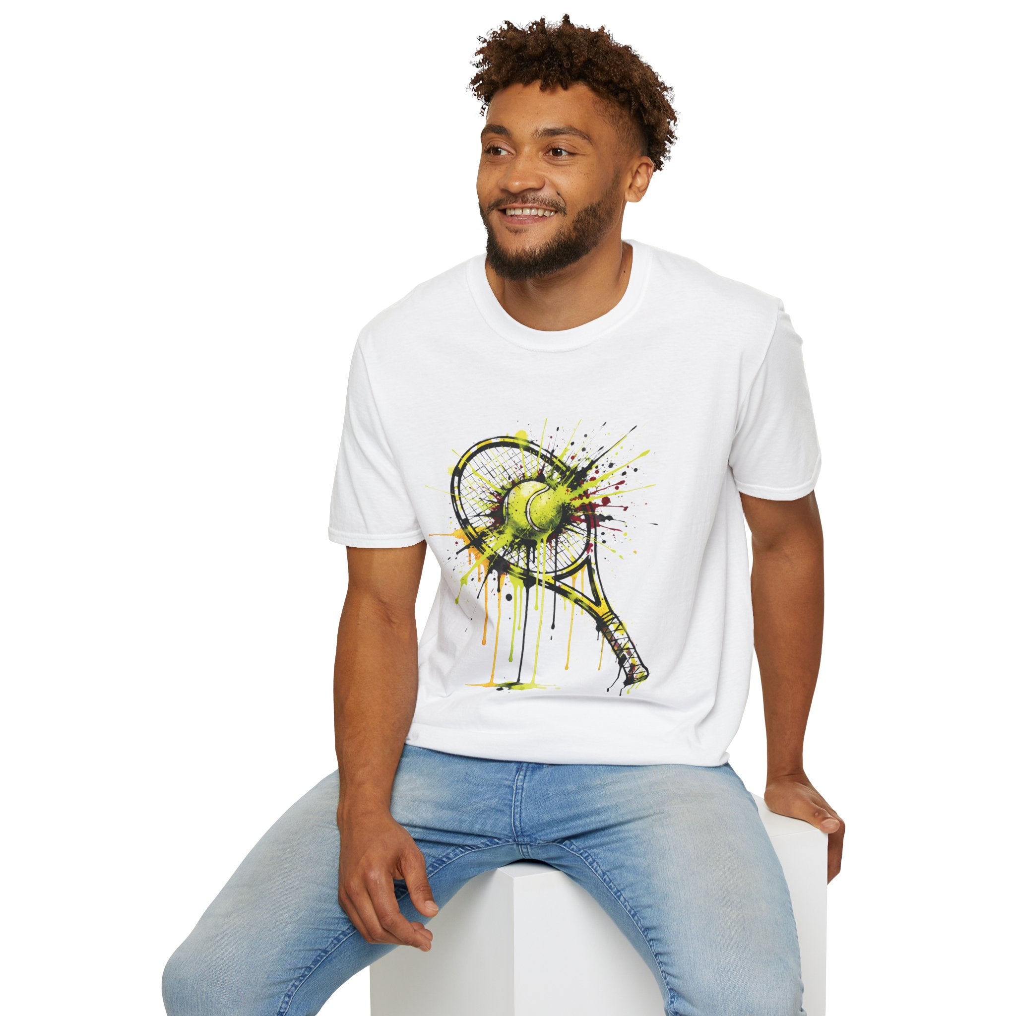 Tennis Racket & Ball Splash T‑Shirt — Watercolor Sports Graphic Tee