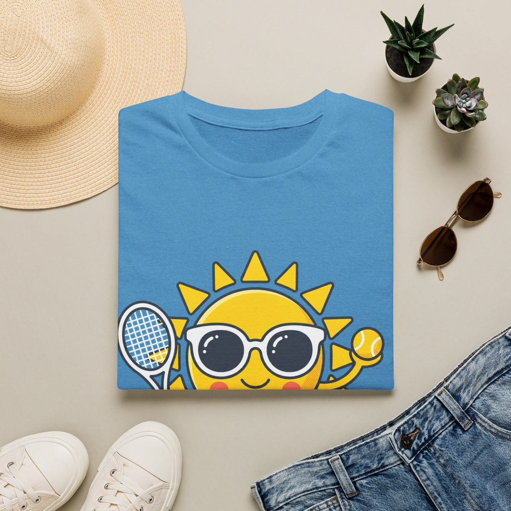 Sun Tennis Emoji T-Shirt — Cute Sunglasses Sun Playing Tennis Graphic Tee