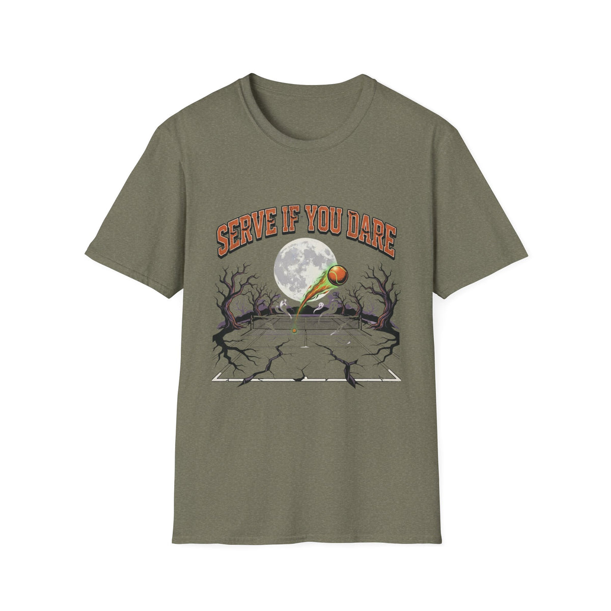 Tennis Tee — "Serve If You Dare" Retro Moon Graphic