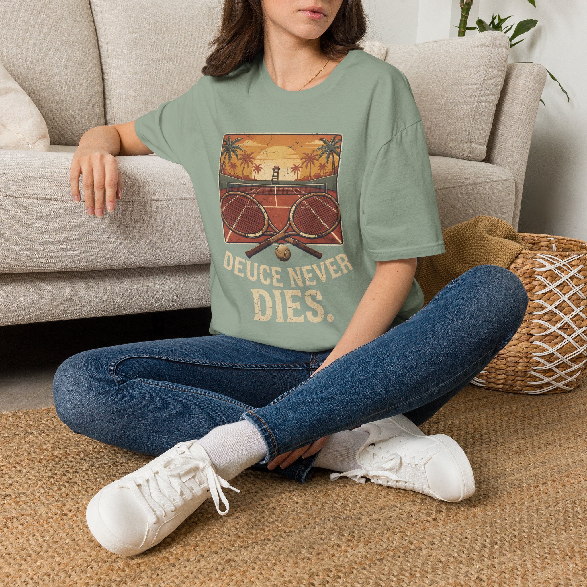 Tennis Sunset T-Shirt — Vintage 'Deuce Never Dies' Tennis Graphic Tee