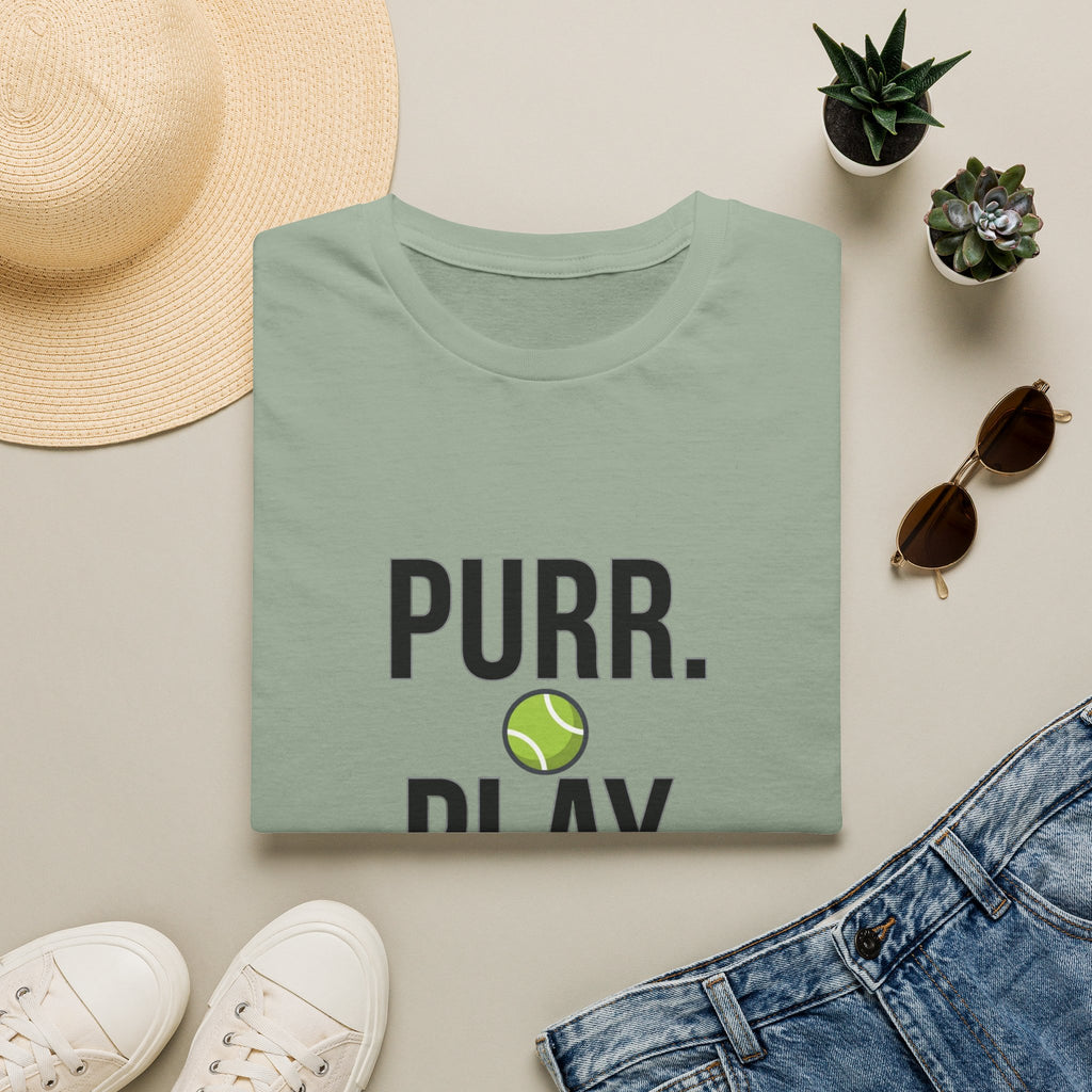 Purr. Play. Repeat. Cat Lover T-Shirt — Tennis Ball & Paw Graphic
