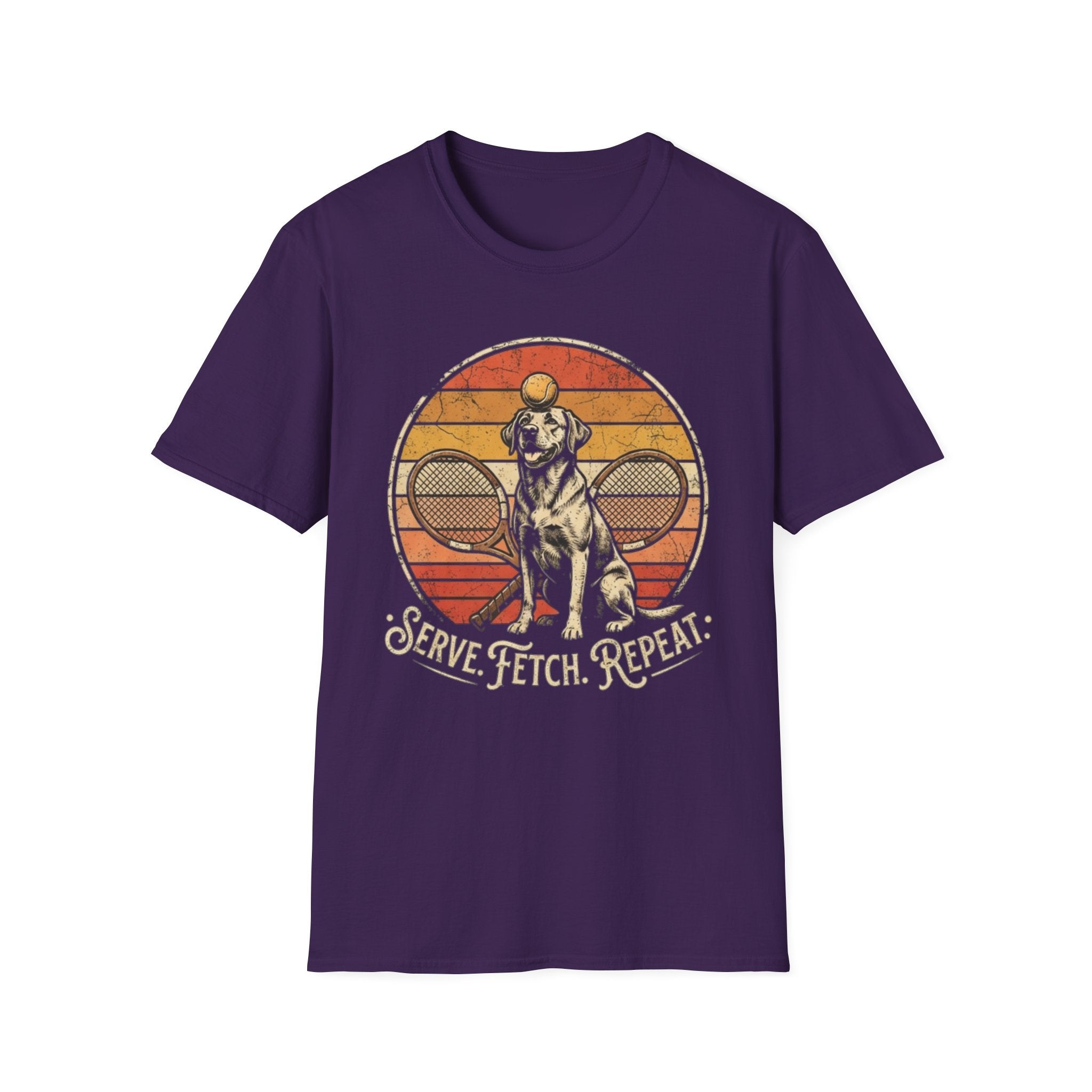 Dog Tennis T-Shirt — “Serve. Fetch. Repeat.” Retro Labrador Tennis Tee