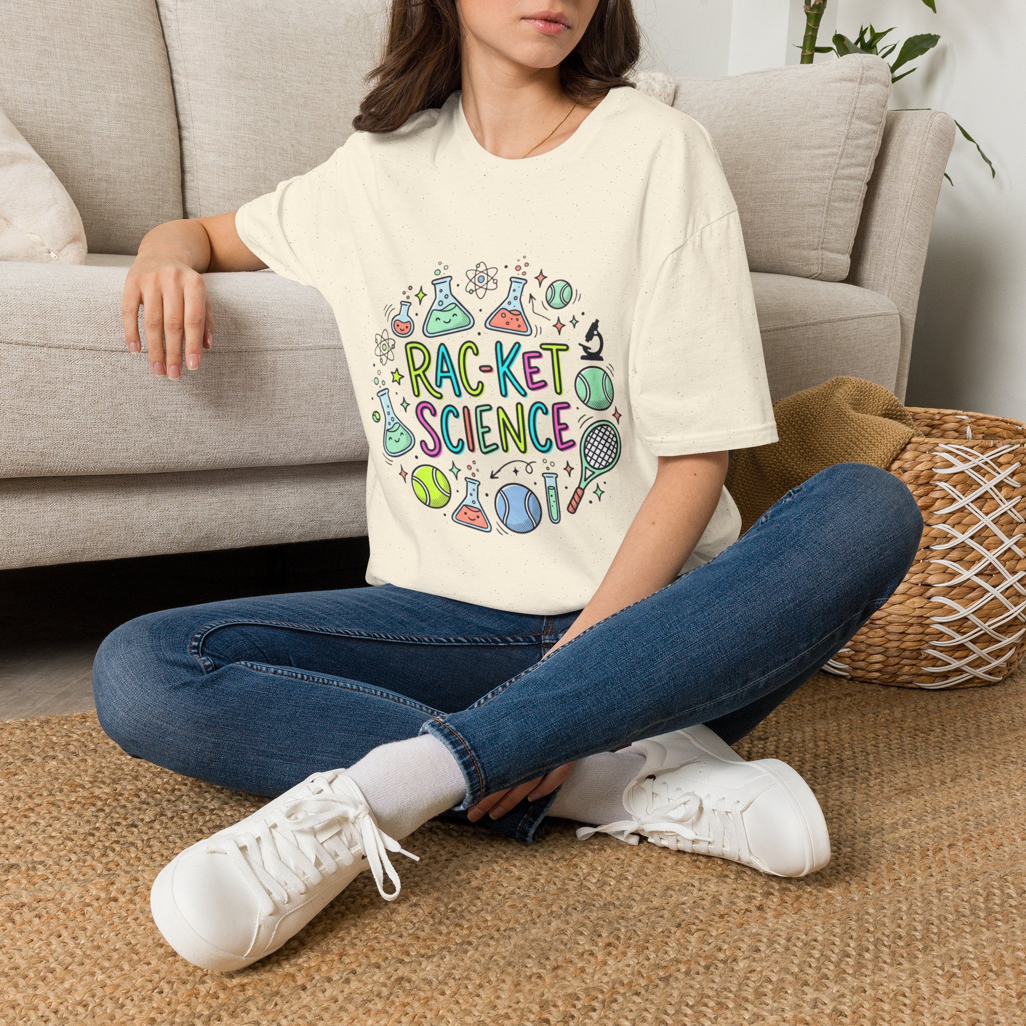 T-Shirt — Racket Science Graphic Tee (tennis + lab beakers)