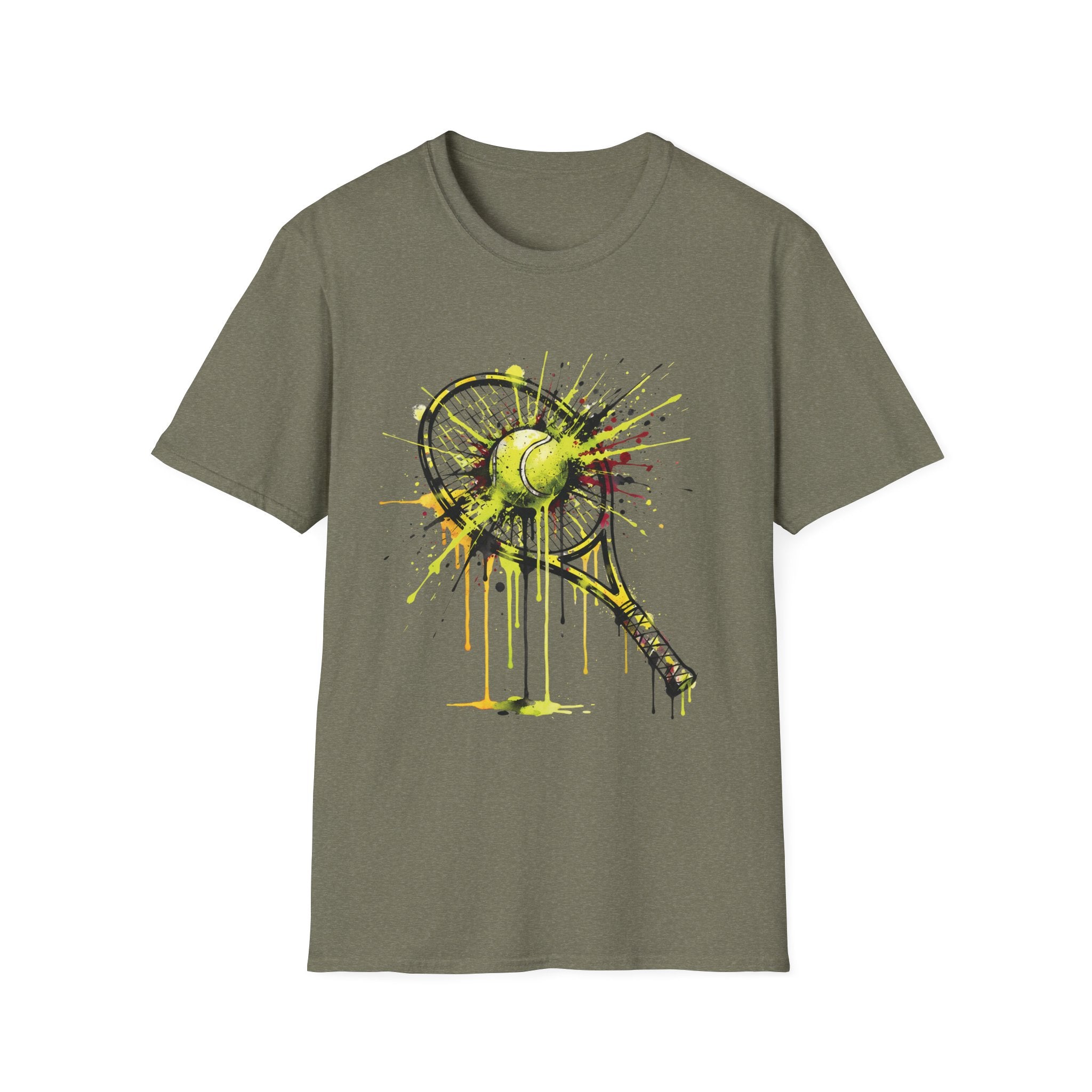 Tennis Racket & Ball Splash T‑Shirt — Watercolor Sports Graphic Tee