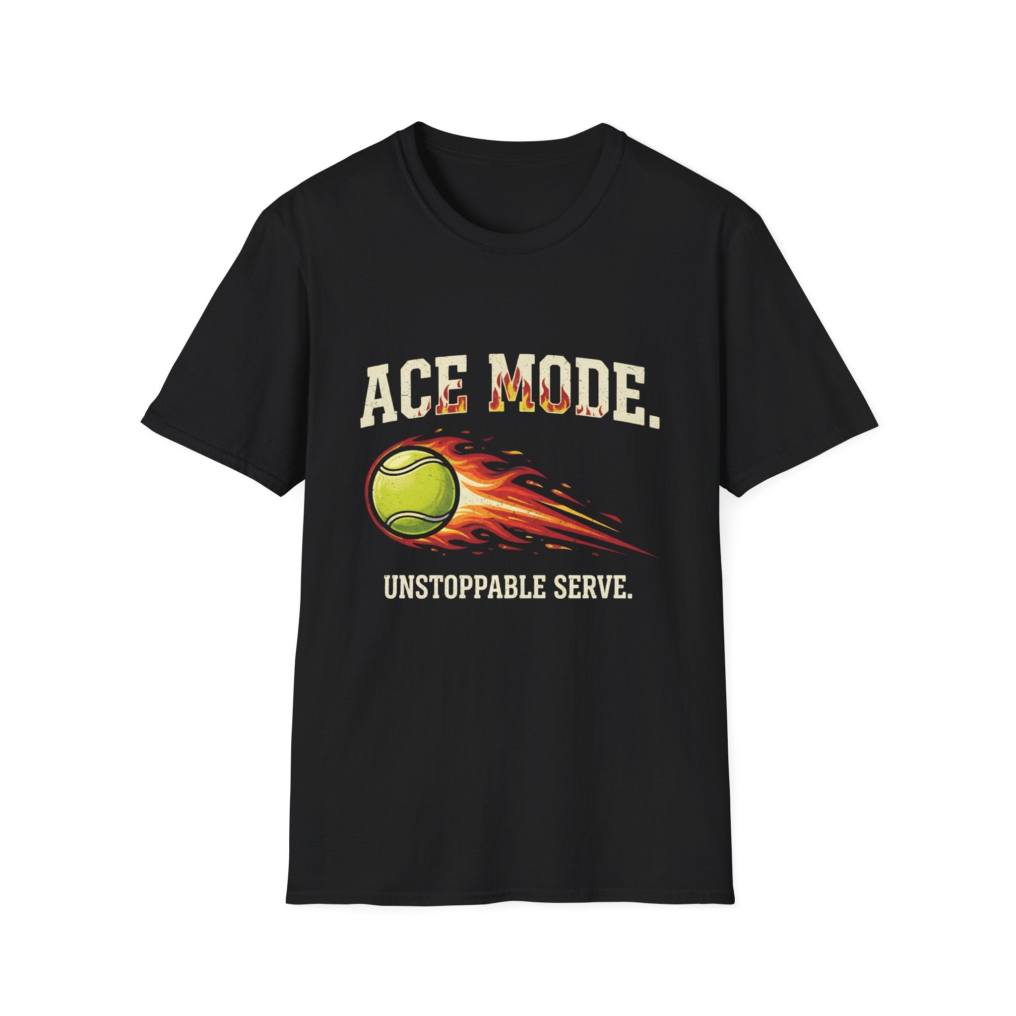Ace Mode Tennis T-Shirt — Flaming Ball "Unstoppable Serve" Graphic Tee