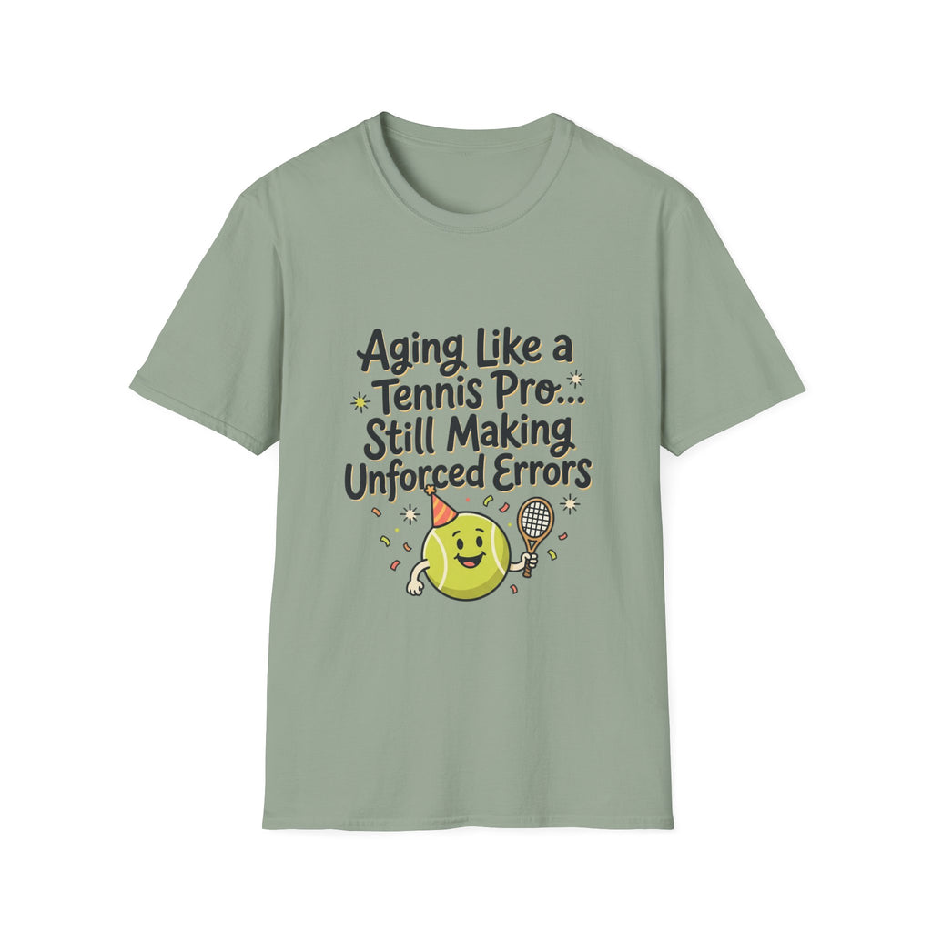 Funny Tennis Retirement T-Shirt — "Aging Like a Tennis Pro... Still Making Unforced Errors"