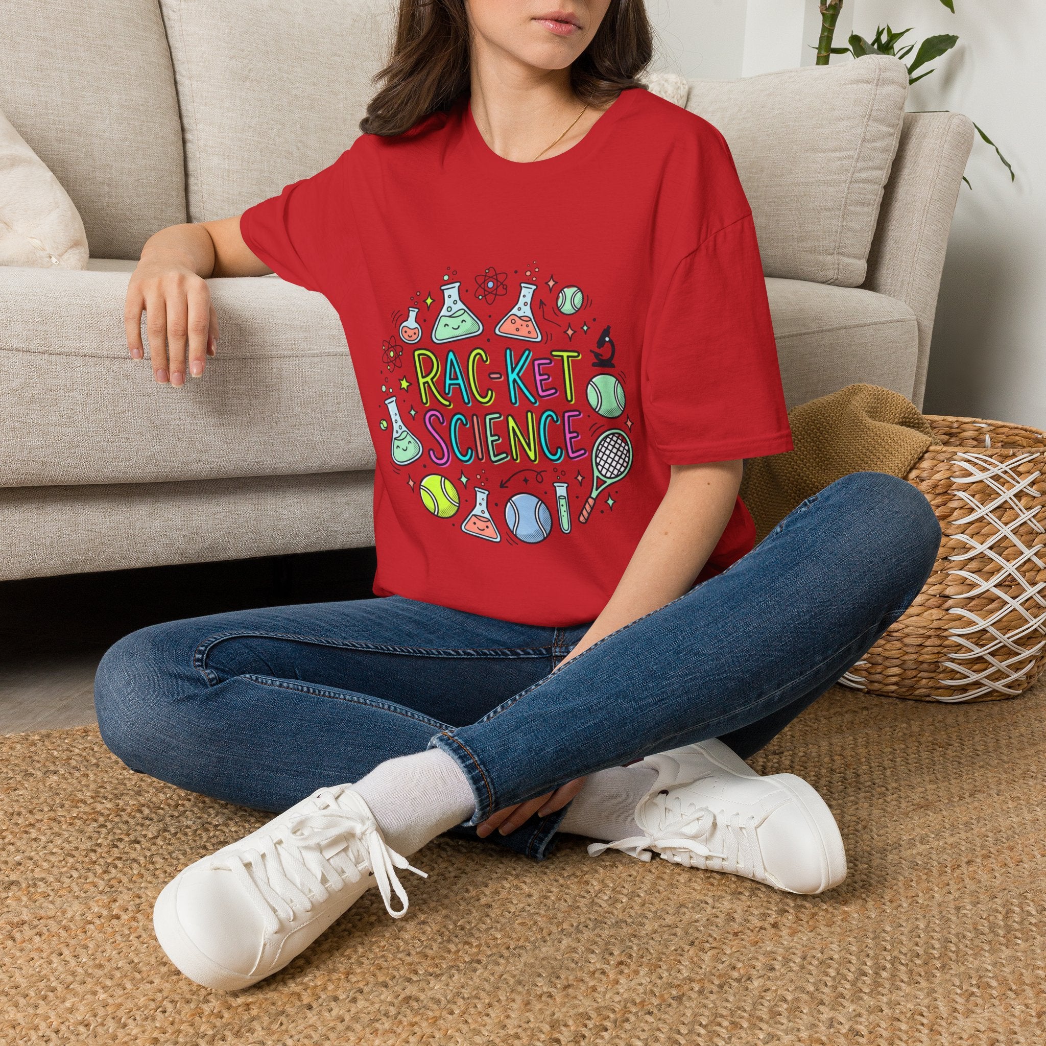 T-Shirt — Racket Science Graphic Tee (tennis + lab beakers)