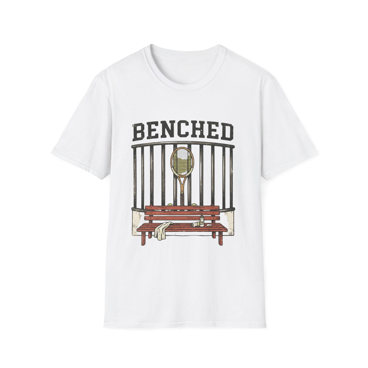 Benched Tennis T-Shirt — 'Benched' Graphic Tennis Racket & Bench Tee
