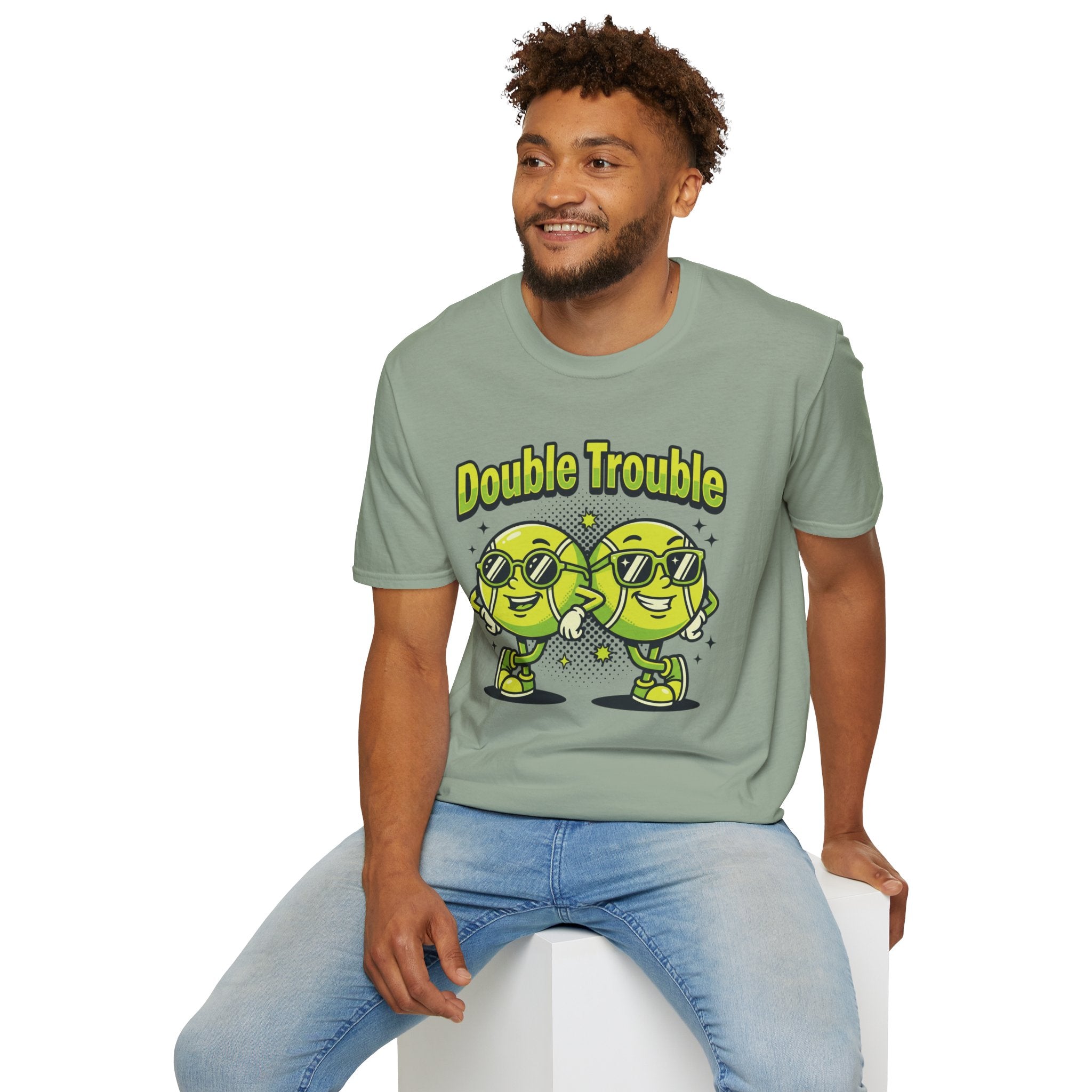Double Trouble Tennis Tee — Retro Smiley Racquet Duo