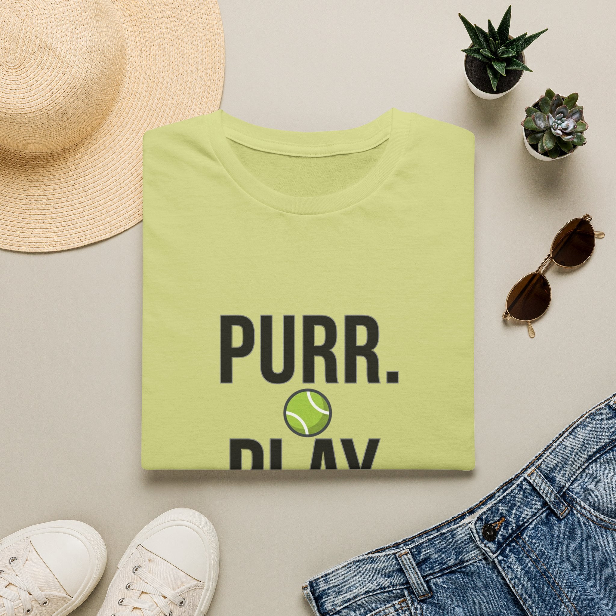 Purr. Play. Repeat. Cat Lover T-Shirt — Tennis Ball & Paw Graphic