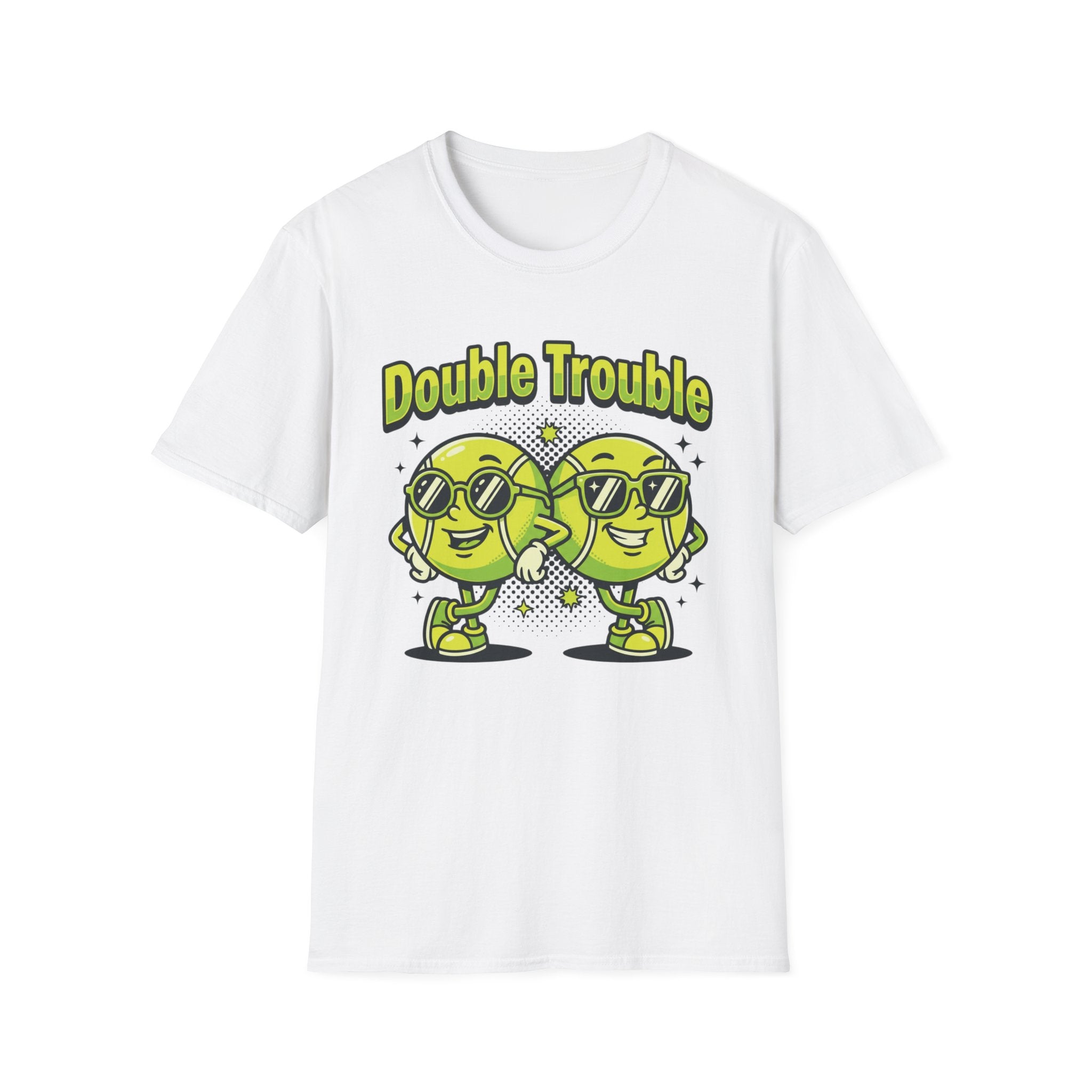 Double Trouble Tennis Tee — Retro Smiley Racquet Duo