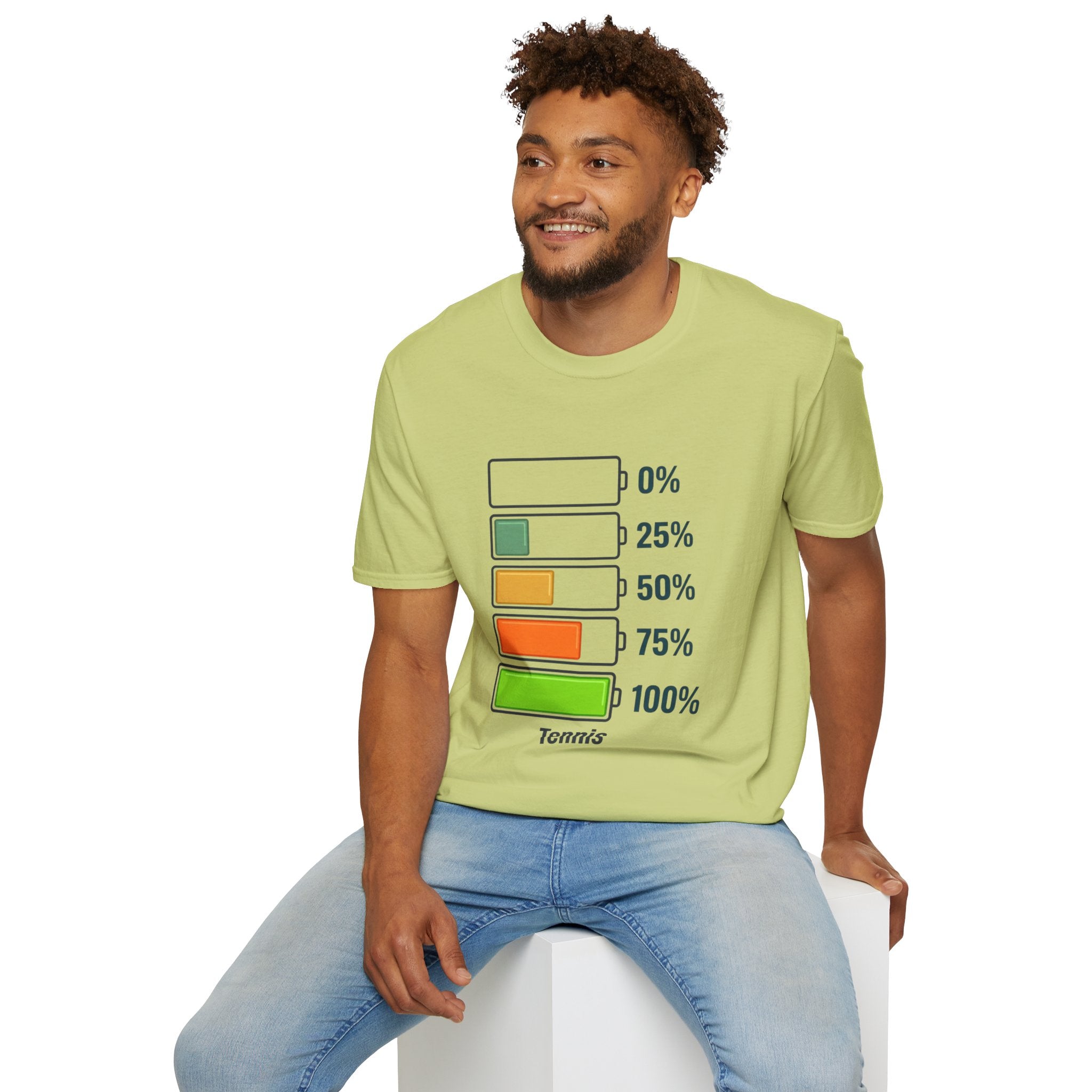T-Shirt — Tennis Energy Levels Graphic Tee (0%–100% Battery Bars)