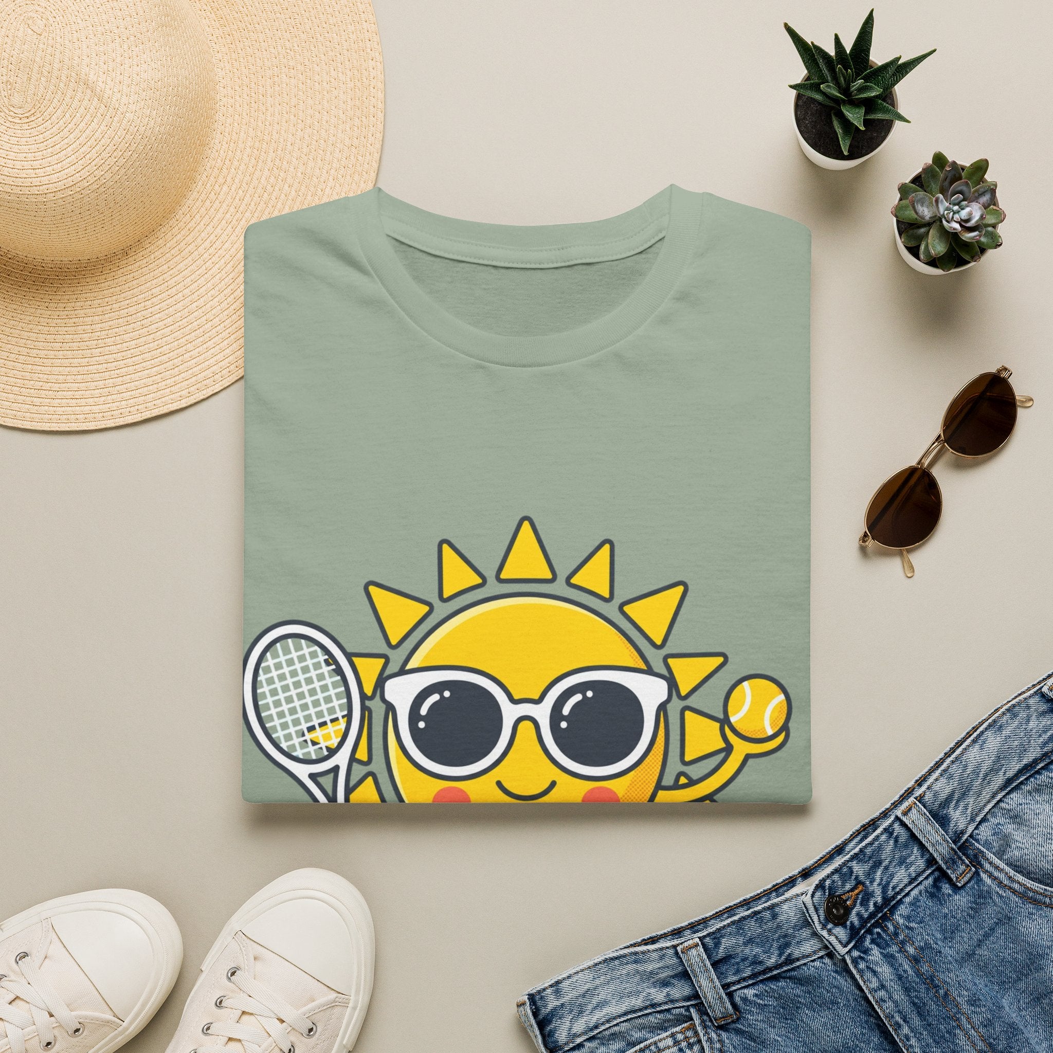Sun Tennis Emoji T-Shirt — Cute Sunglasses Sun Playing Tennis Graphic Tee