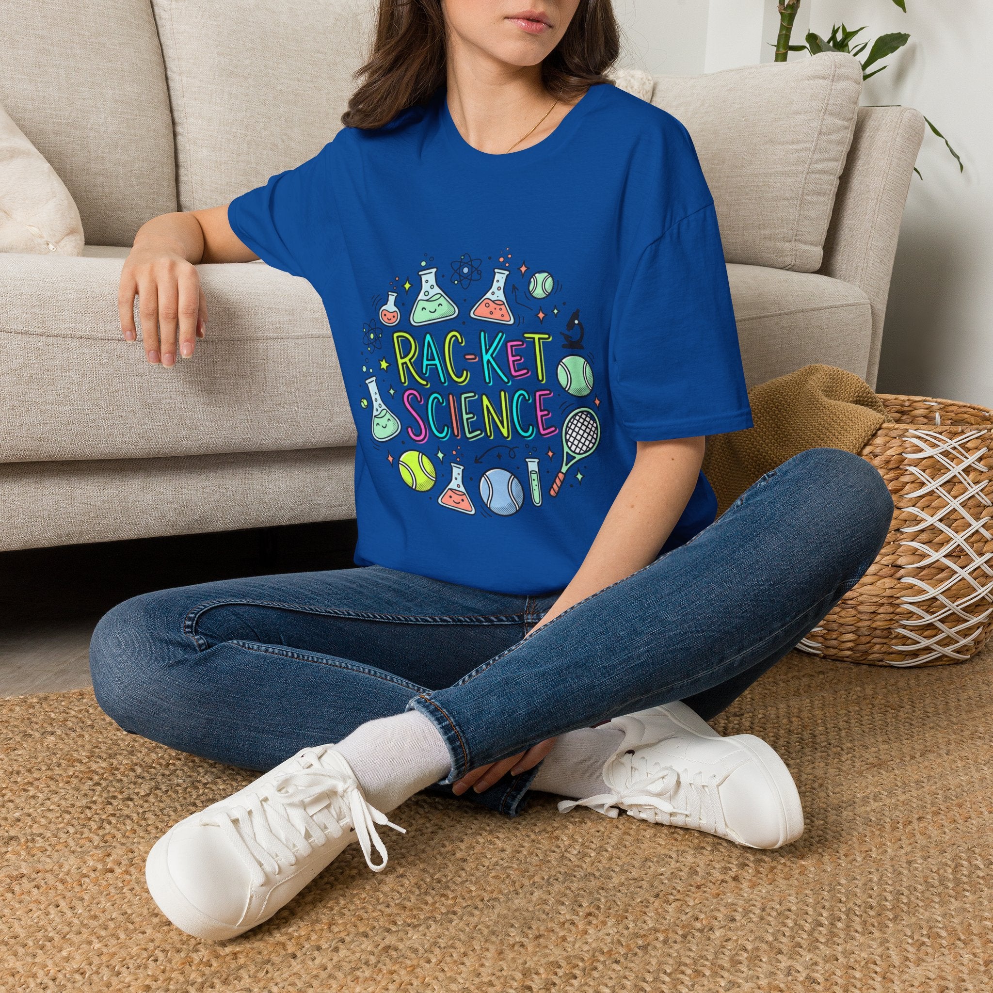 T-Shirt — Racket Science Graphic Tee (tennis + lab beakers)