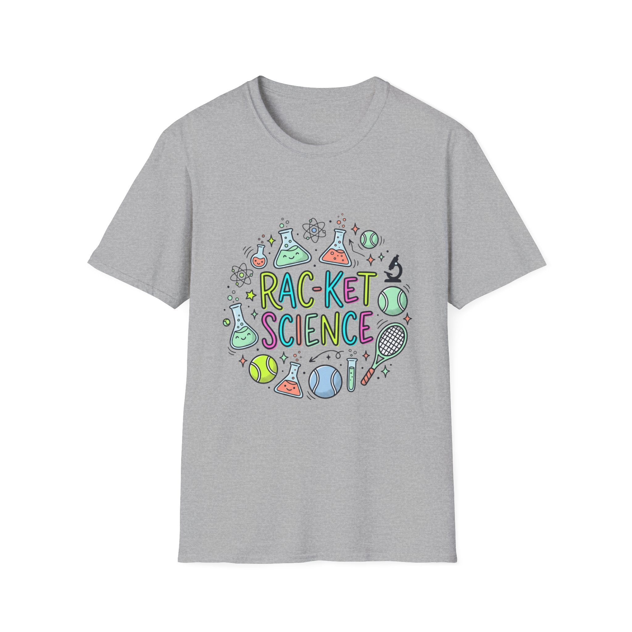 T-Shirt — Racket Science Graphic Tee (tennis + lab beakers)