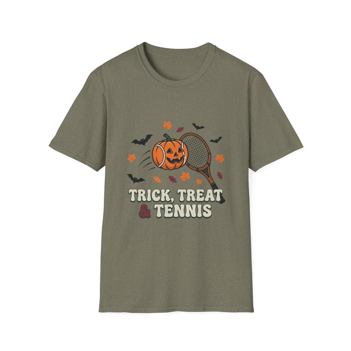 Trick Treat Tennis T-Shirt — Halloween Pumpkin Tennis Racquet Tee