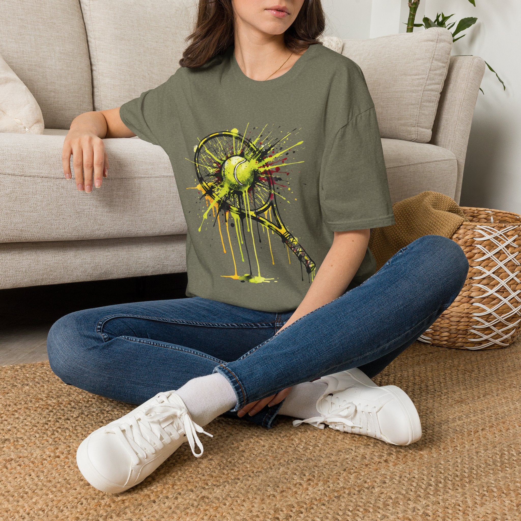 Tennis Racket & Ball Splash T‑Shirt — Watercolor Sports Graphic Tee