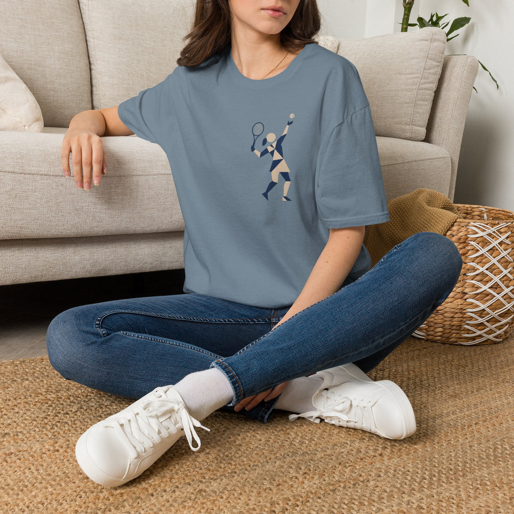 Geometric Tennis Player T-Shirt — Retro Athletic Graphic Tee