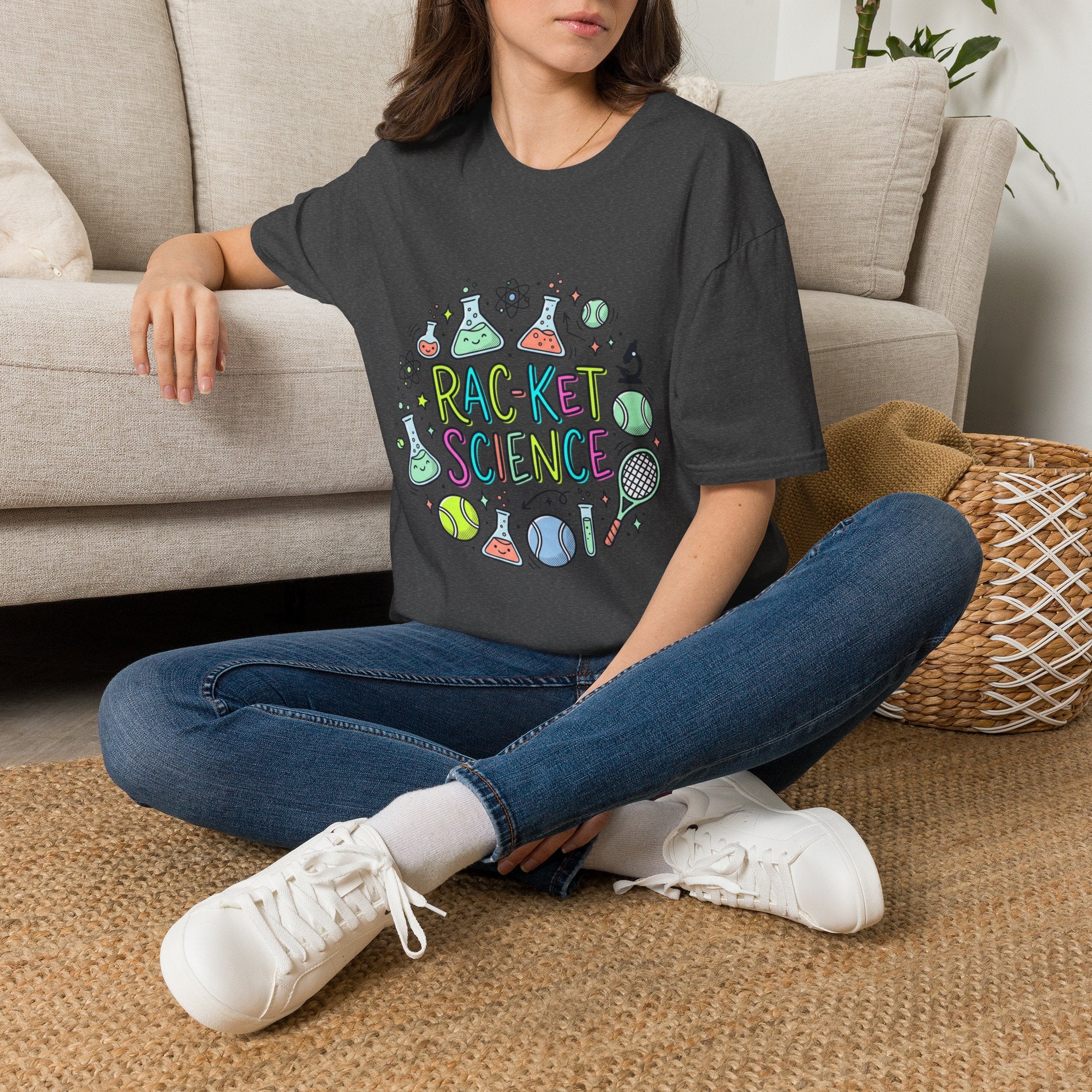 T-Shirt — Racket Science Graphic Tee (tennis + lab beakers)