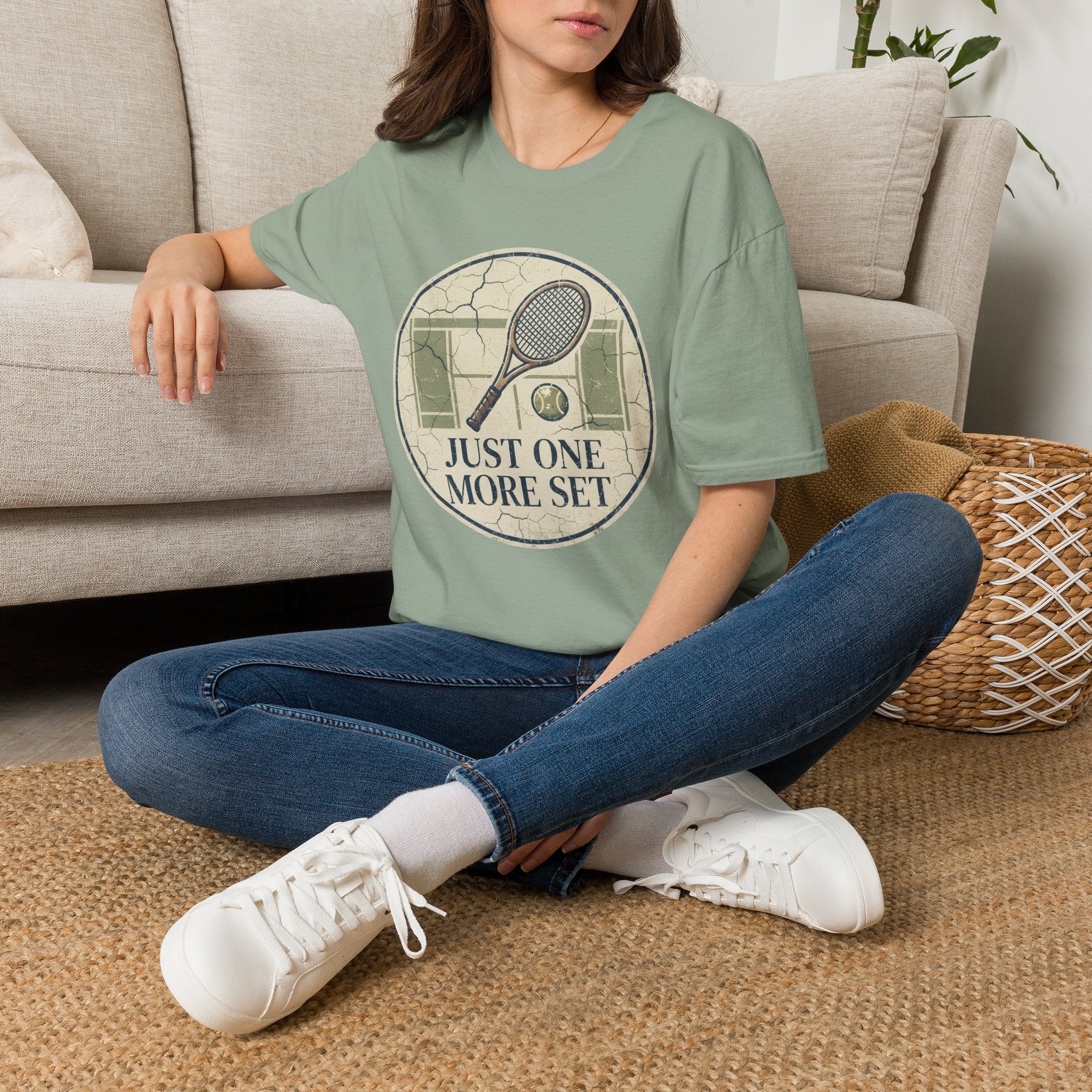 Tennis T‑Shirt — 'Just One More Set' Vintage Court Graphic