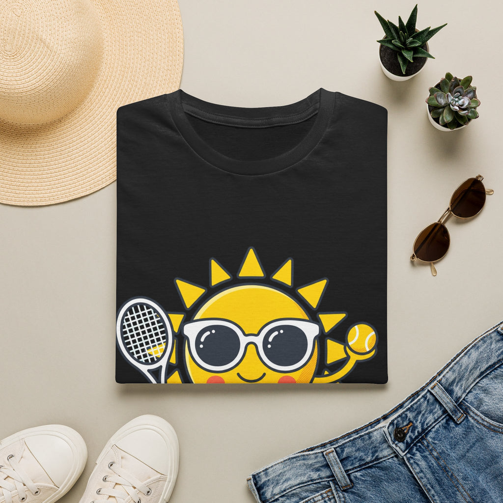 Sun Tennis Emoji T-Shirt — Cute Sunglasses Sun Playing Tennis Graphic Tee