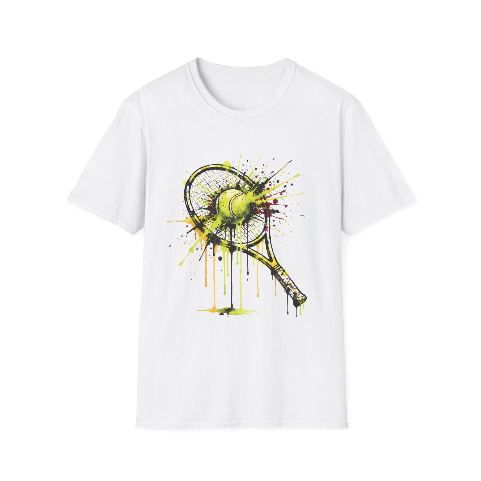 Tennis Racket & Ball Splash T‑Shirt — Watercolor Sports Graphic Tee