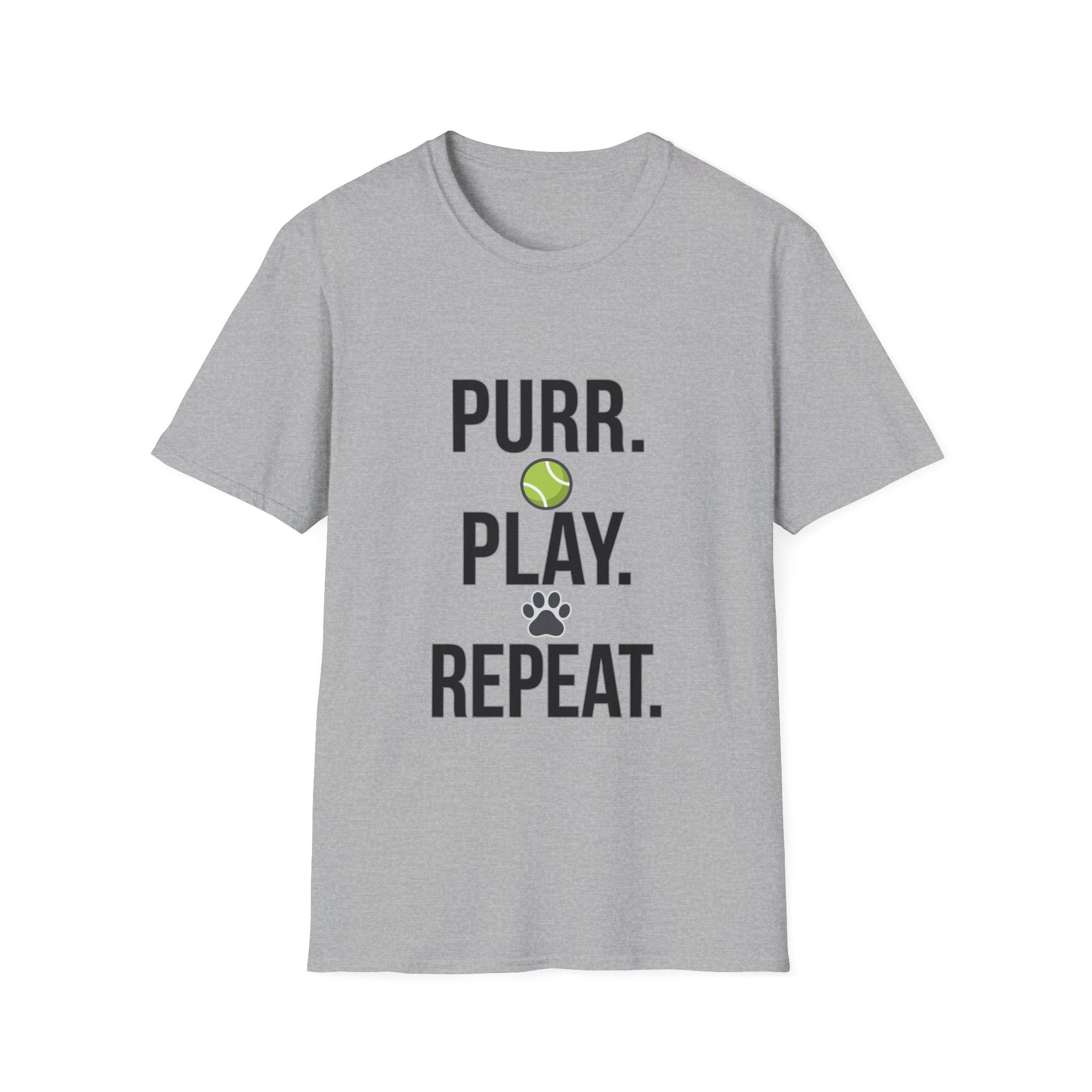 Purr. Play. Repeat. Cat Lover T-Shirt — Tennis Ball & Paw Graphic