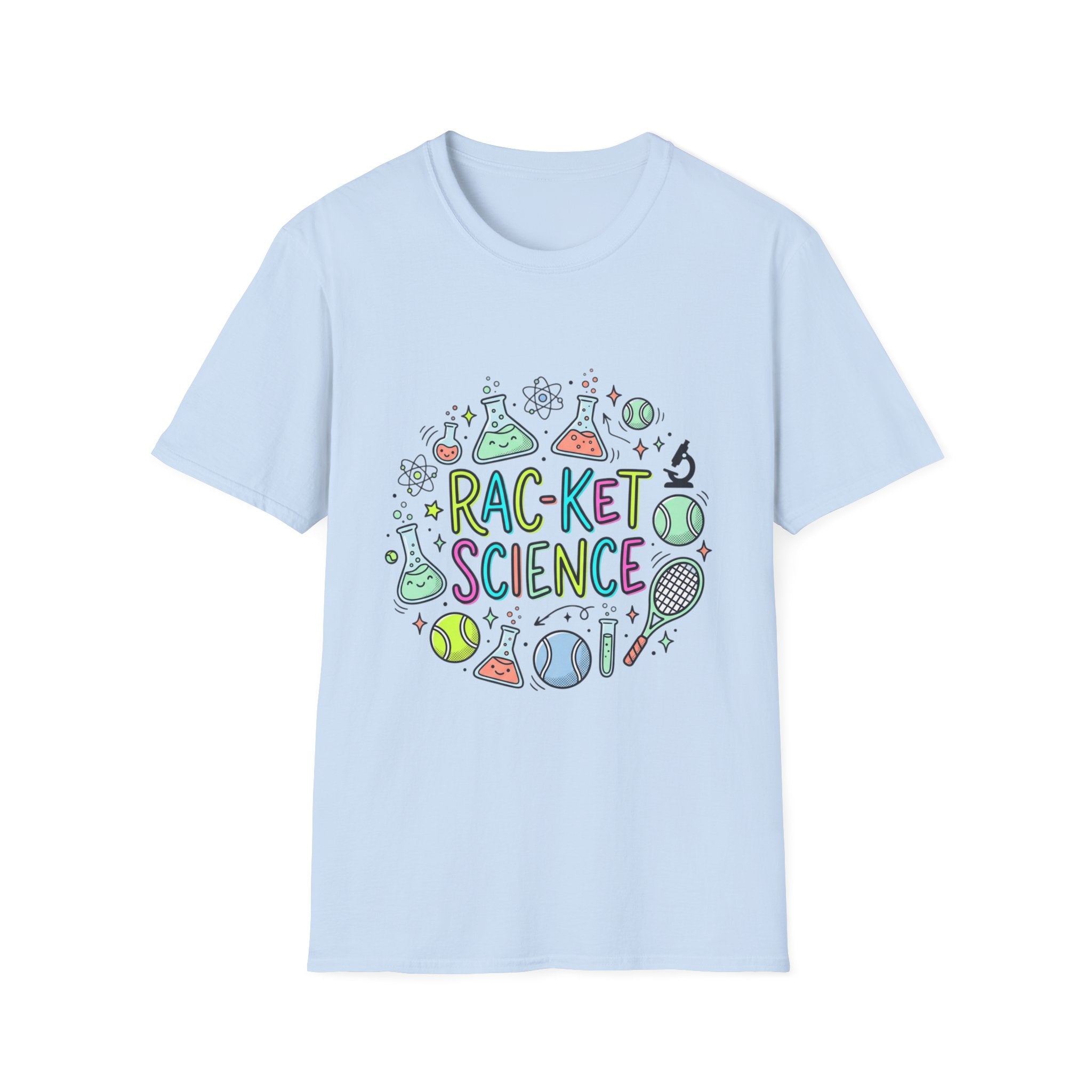 T-Shirt — Racket Science Graphic Tee (tennis + lab beakers)