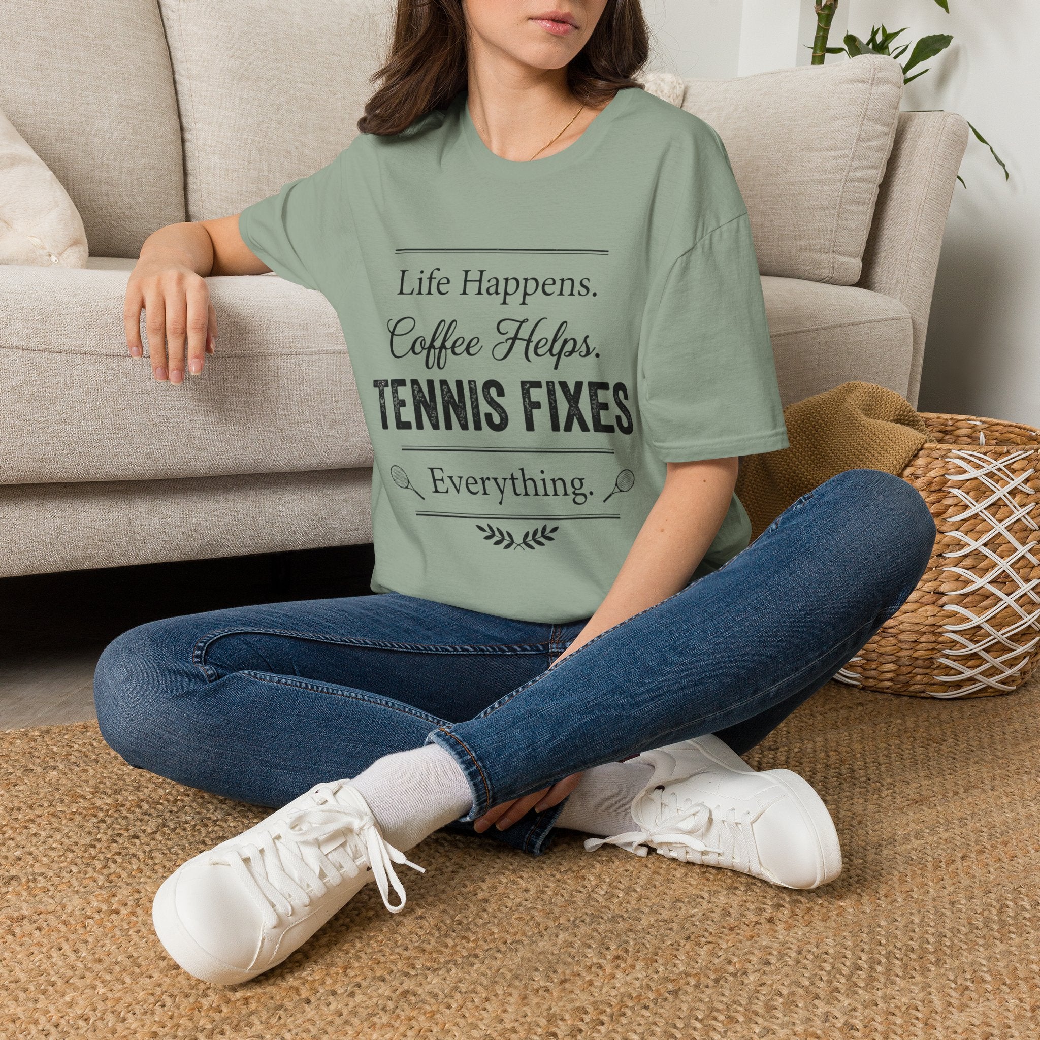T-Shirt — "Life Happens. Coffee Helps. Tennis Fixes Everything."