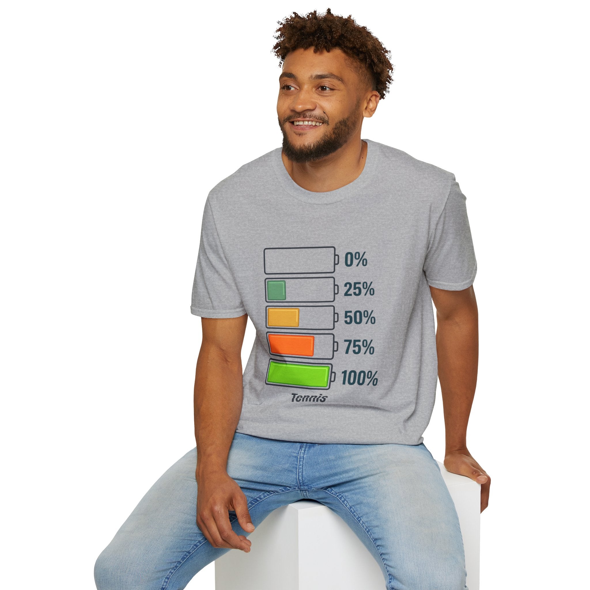 T-Shirt — Tennis Energy Levels Graphic Tee (0%–100% Battery Bars)