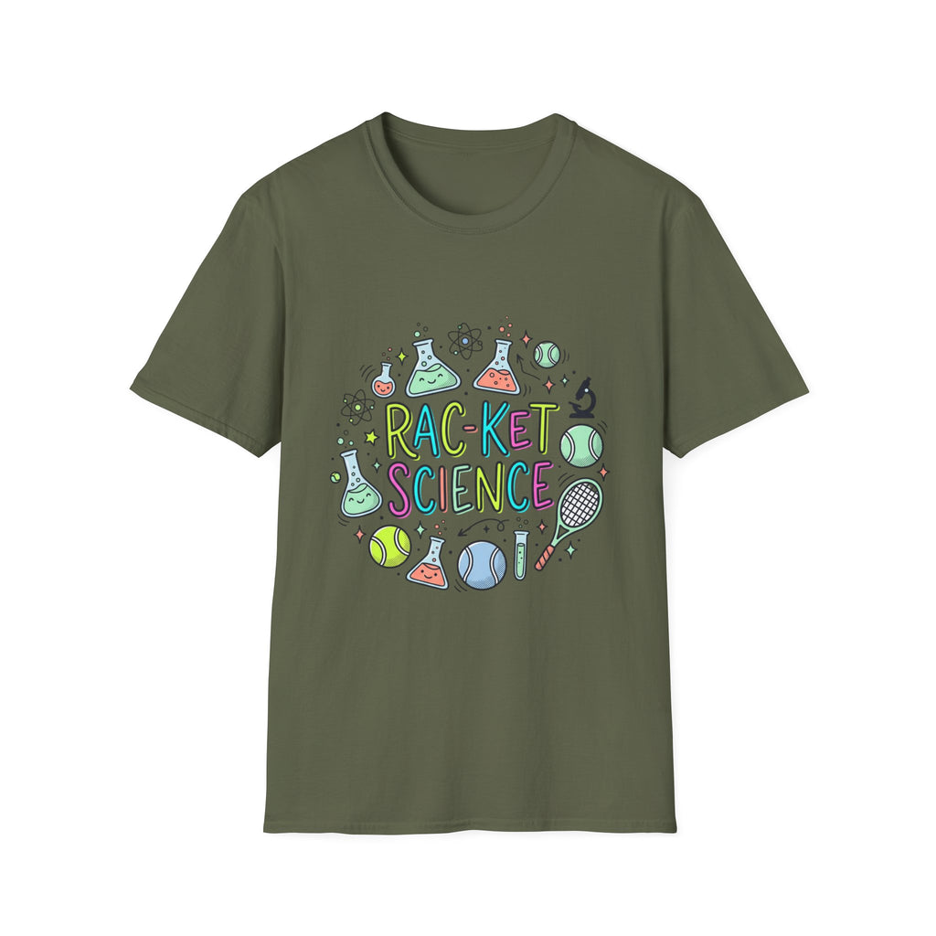 T-Shirt — Racket Science Graphic Tee (tennis + lab beakers)