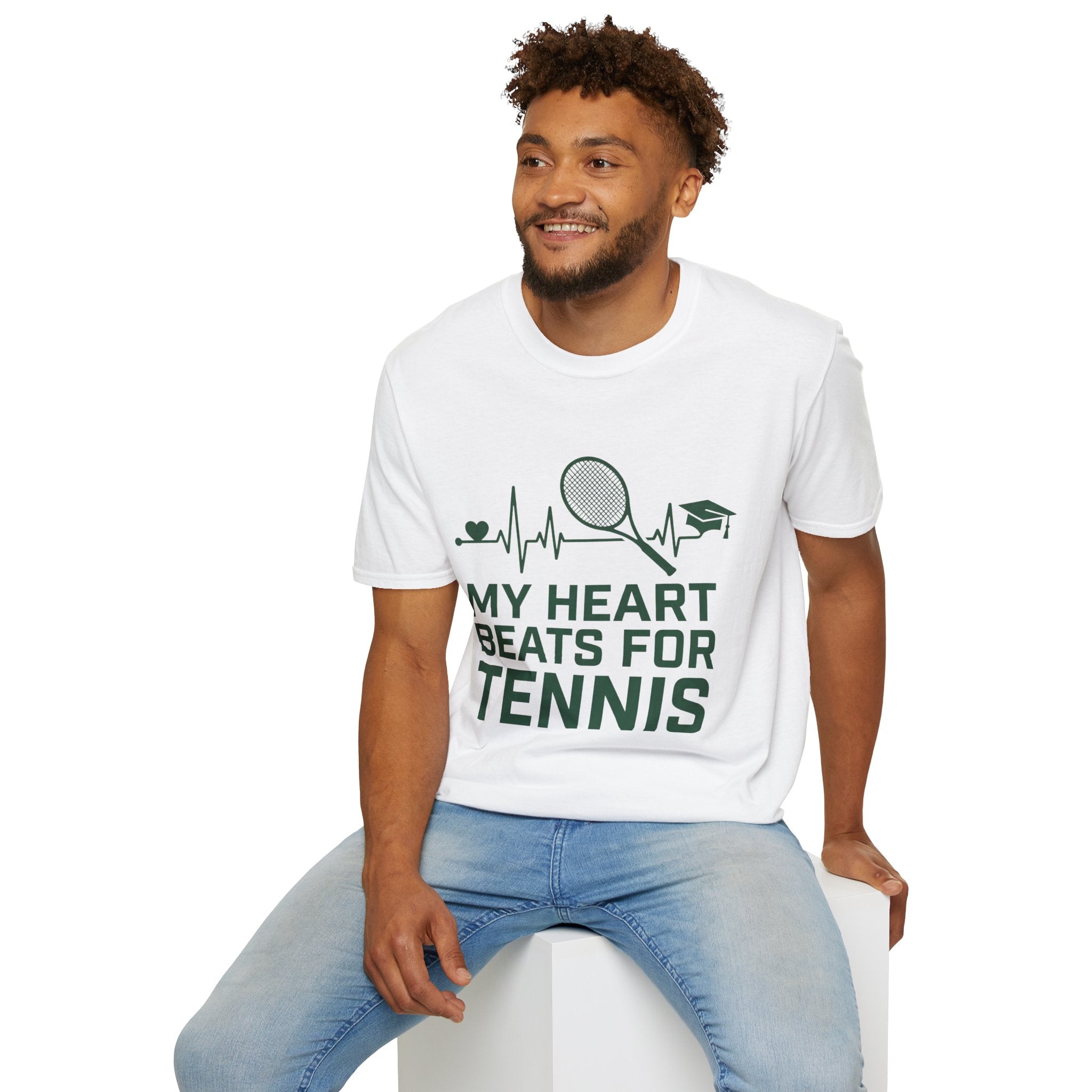 My Heart Beats for Tennis T-Shirt — Heartbeat Racket Design with Graduation Cap