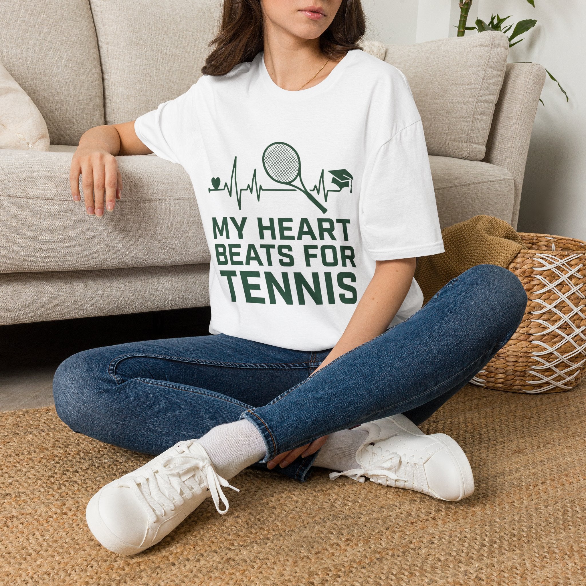 My Heart Beats for Tennis T-Shirt — Heartbeat Racket Design with Graduation Cap