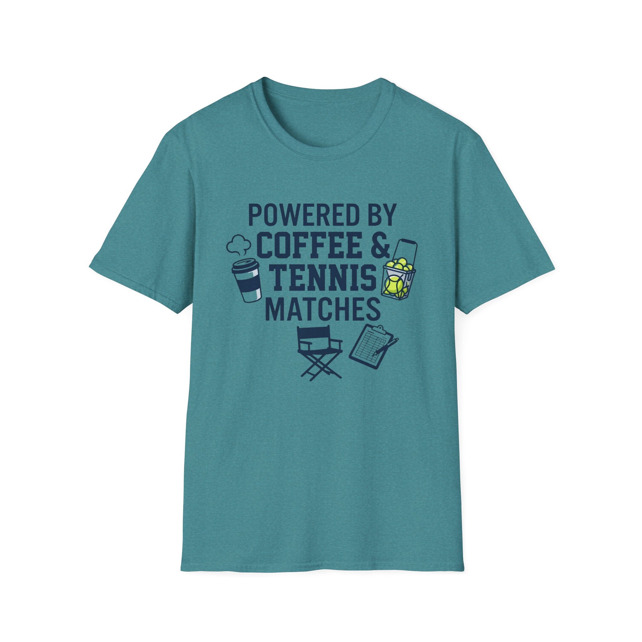 T-Shirt — "Powered by Coffee & Tennis Matches" Casual Tennis Player Tee