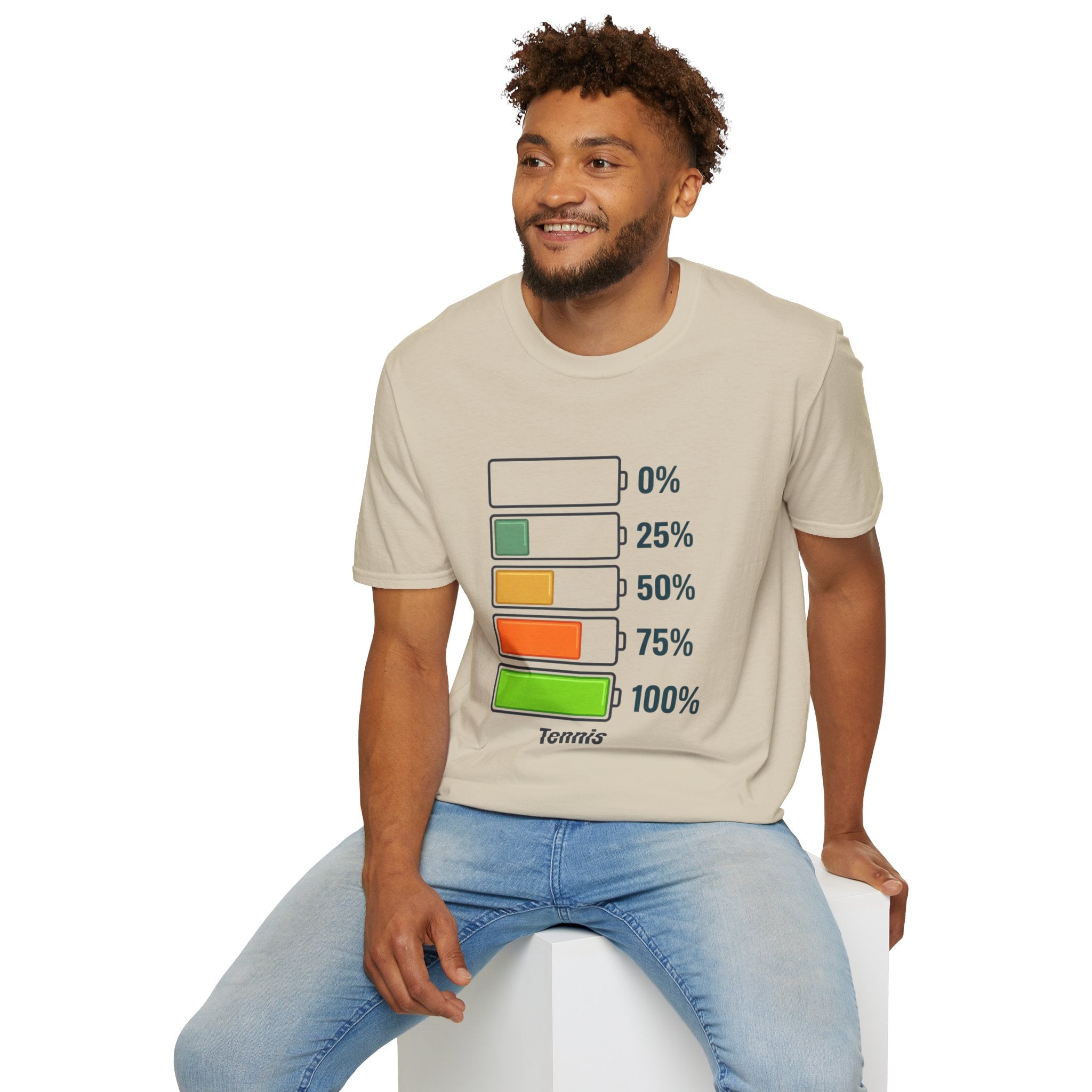 T-Shirt — Tennis Energy Levels Graphic Tee (0%–100% Battery Bars)