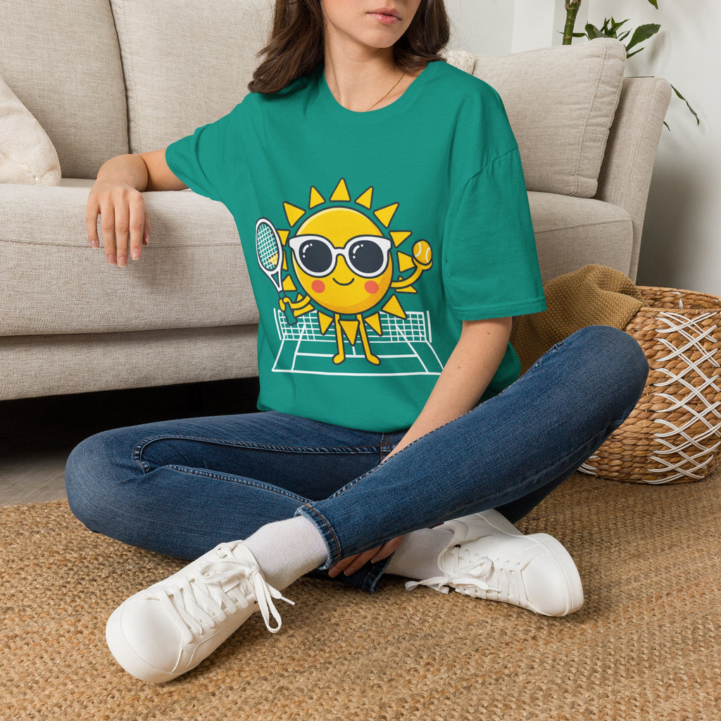 Sun Tennis Emoji T-Shirt — Cute Sunglasses Sun Playing Tennis Graphic Tee