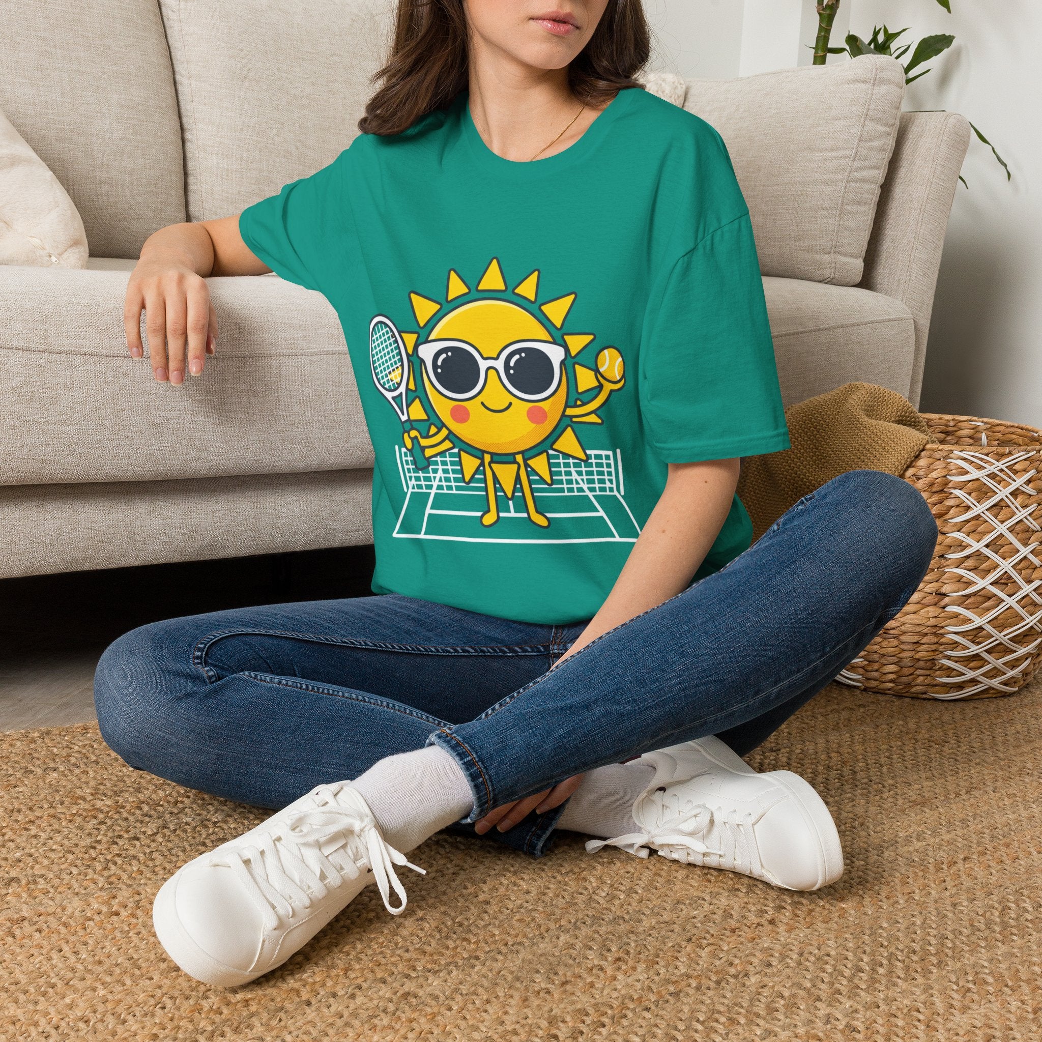 Sun Tennis Emoji T-Shirt — Cute Sunglasses Sun Playing Tennis Graphic Tee