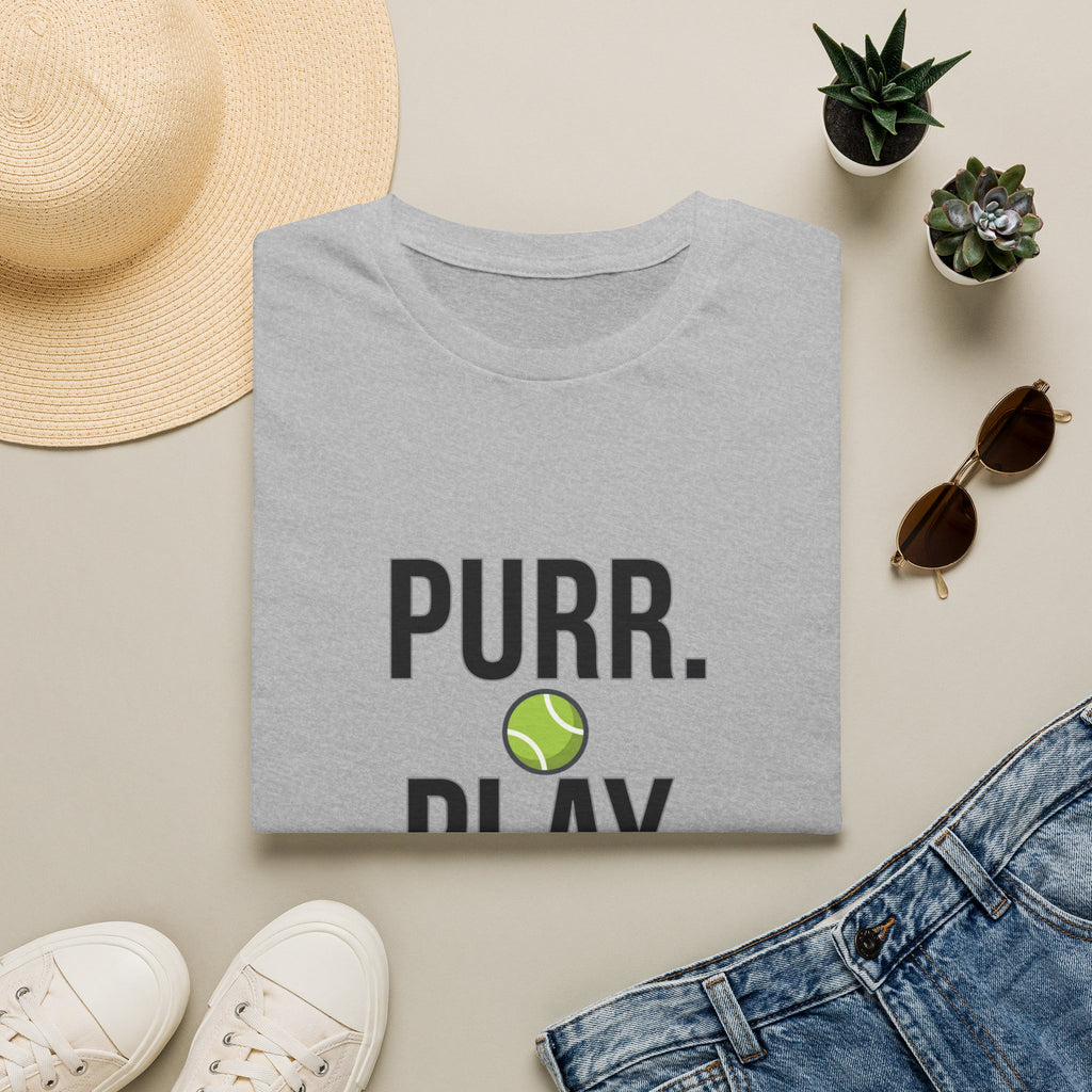 Purr. Play. Repeat. Cat Lover T-Shirt — Tennis Ball & Paw Graphic
