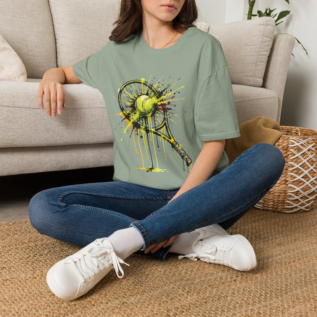 Tennis Racket & Ball Splash T‑Shirt — Watercolor Sports Graphic Tee