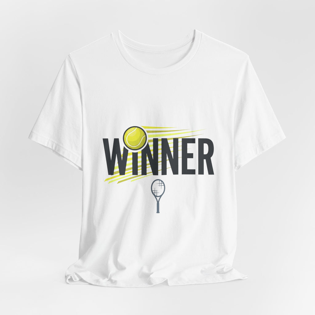Winner Tennis T‑Shirt — Motivational Tennis Tee with Ball & Racket Graphic