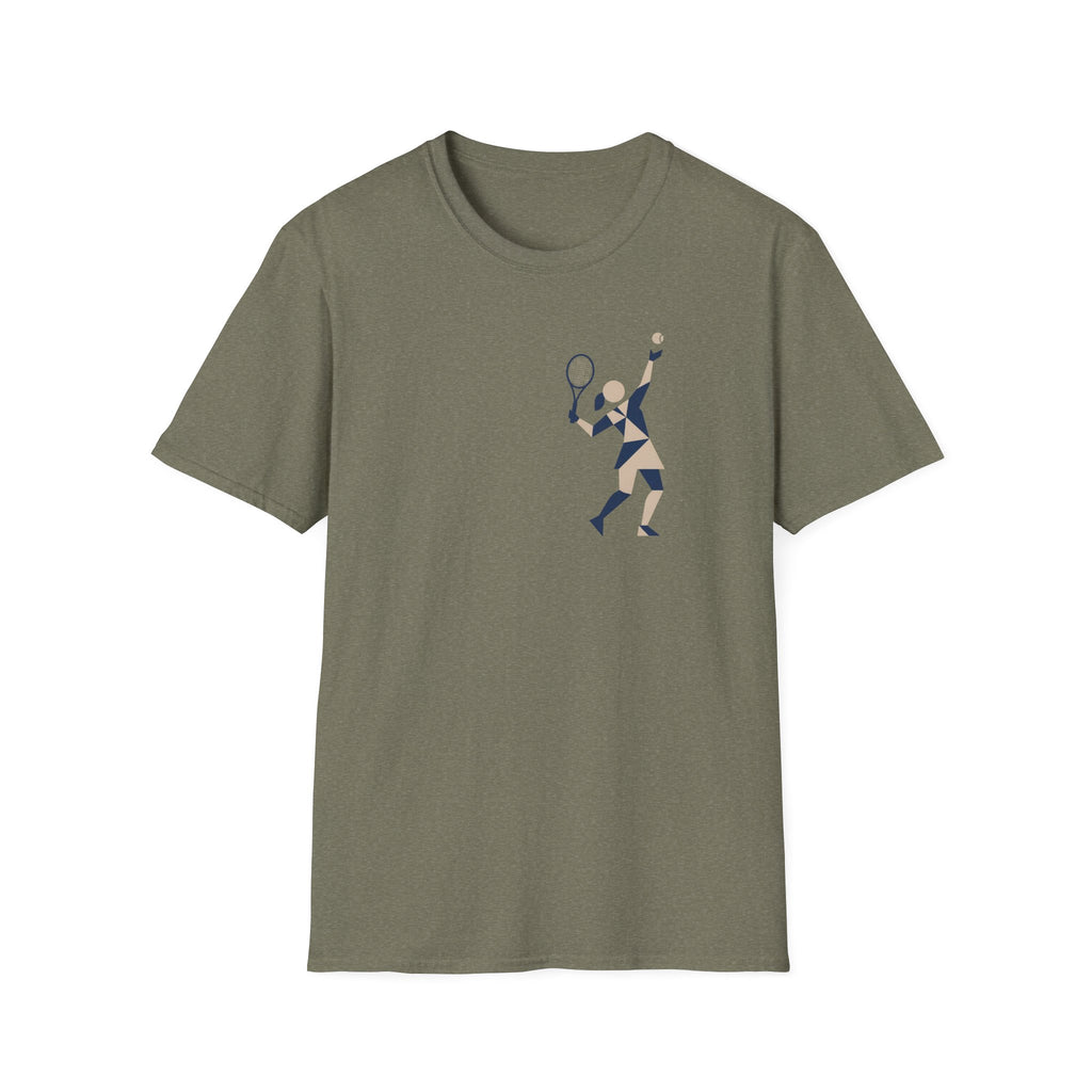 Geometric Tennis Player T-Shirt — Retro Athletic Graphic Tee