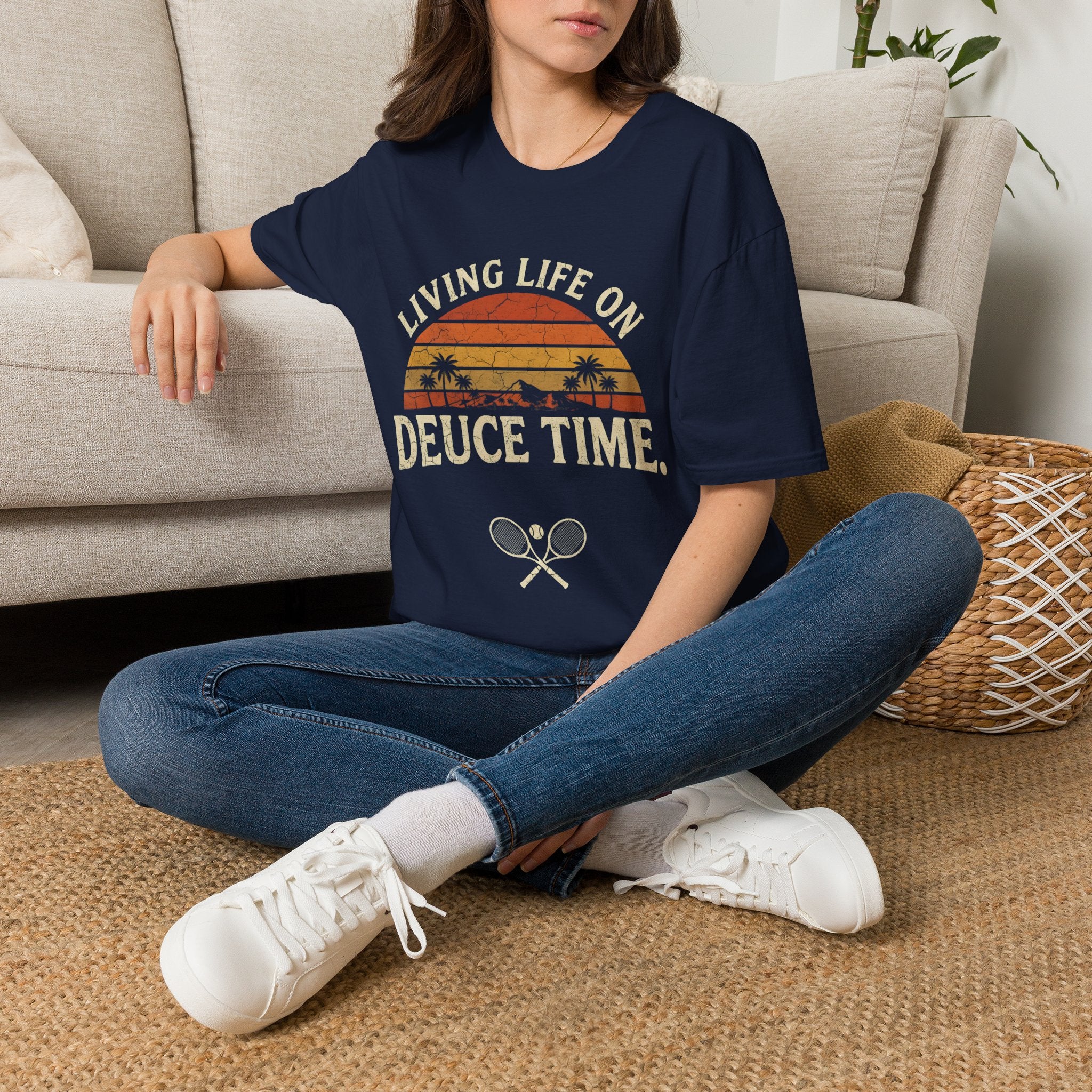 T-Shirt — "Living Life on Deuce Time" Vintage Tennis Sunset Tee