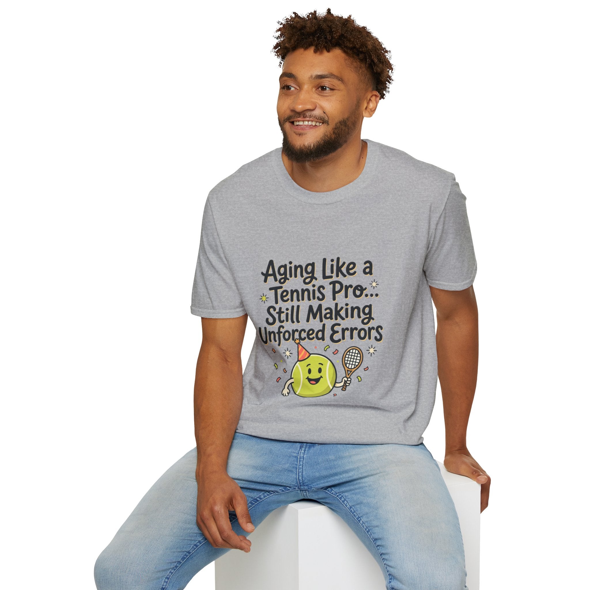 Funny Tennis Retirement T-Shirt — "Aging Like a Tennis Pro... Still Making Unforced Errors"