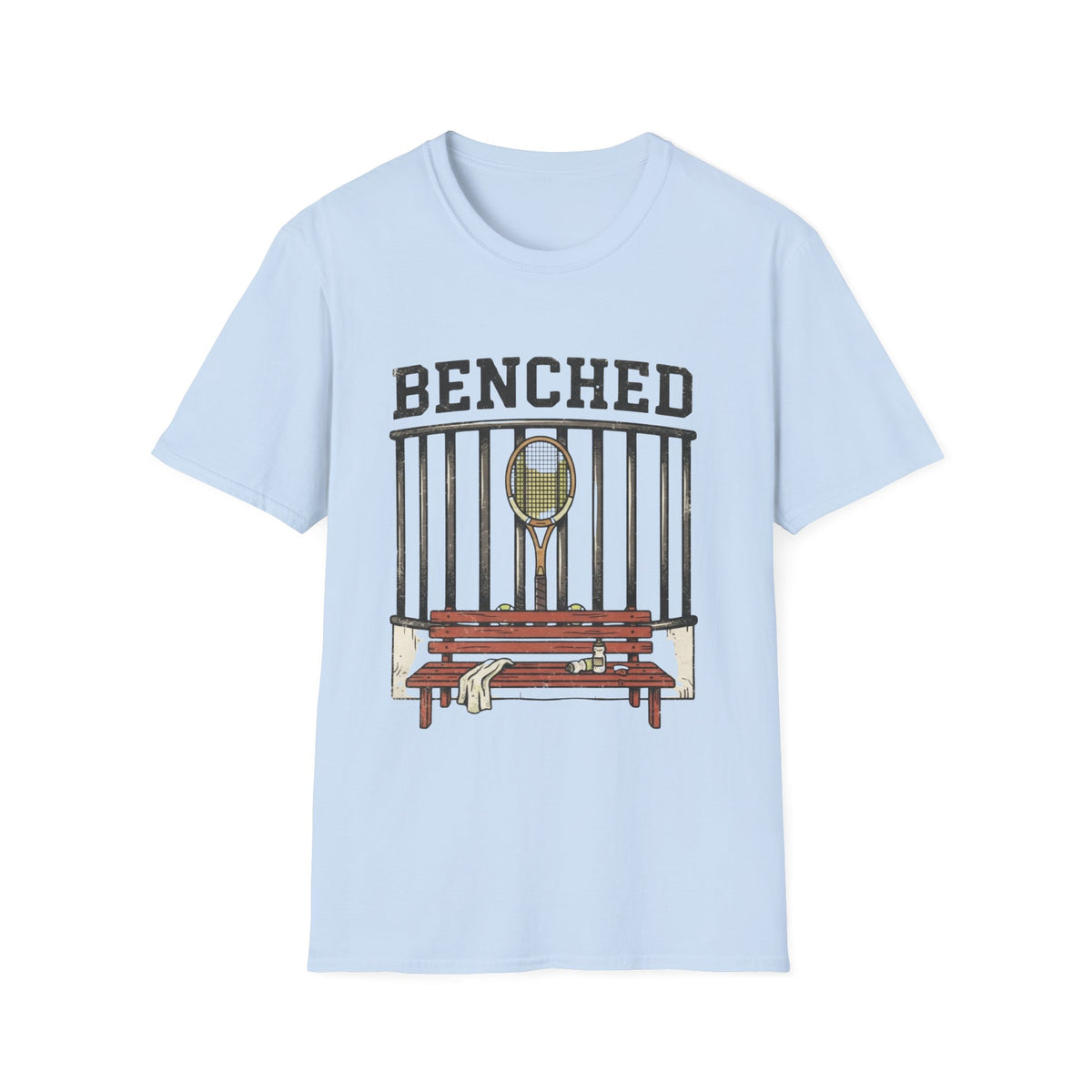 Benched Tennis T-Shirt — 'Benched' Graphic Tennis Racket & Bench Tee
