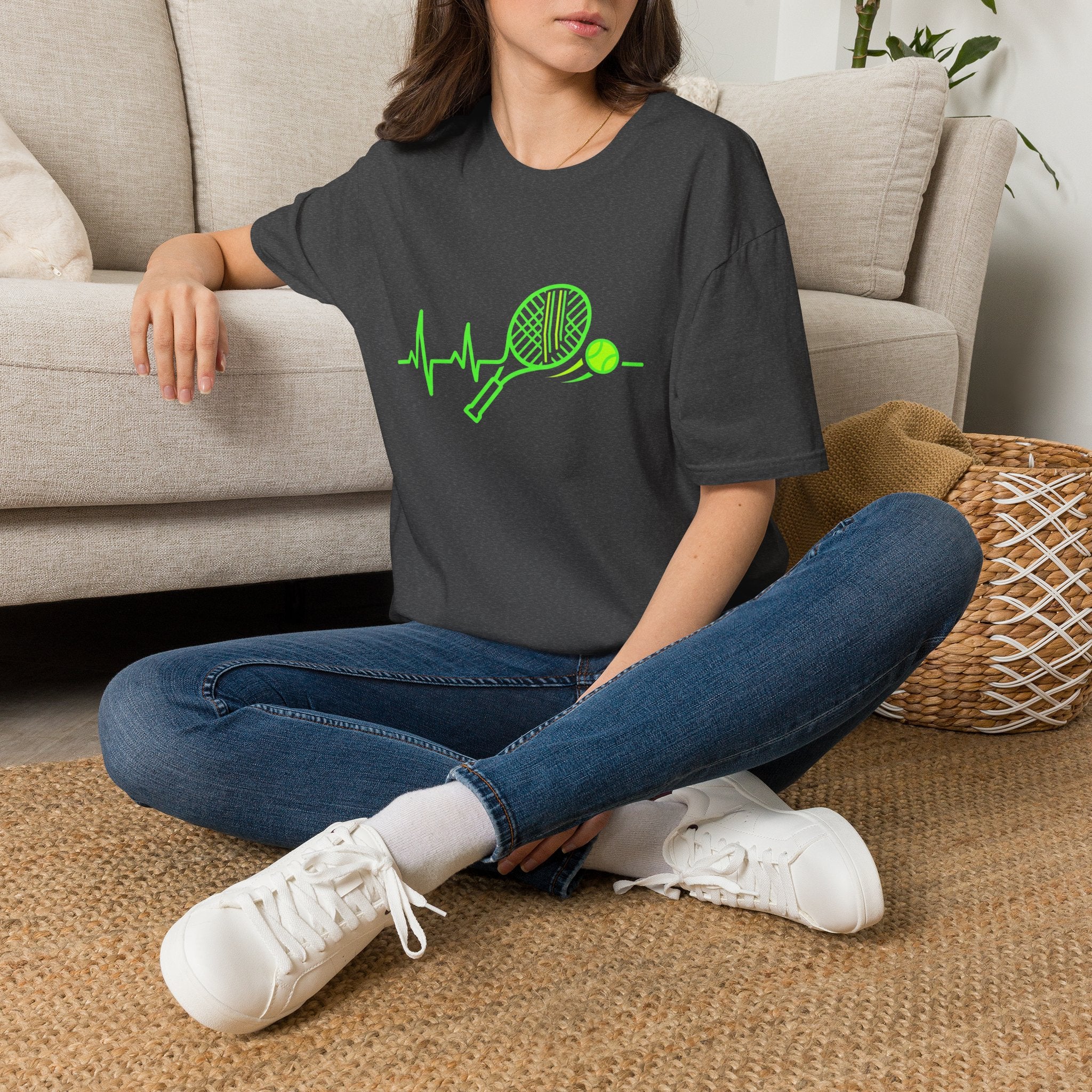 Tennis Racket Heartbeat T-Shirt — Neon Green Tennis Lover Tee